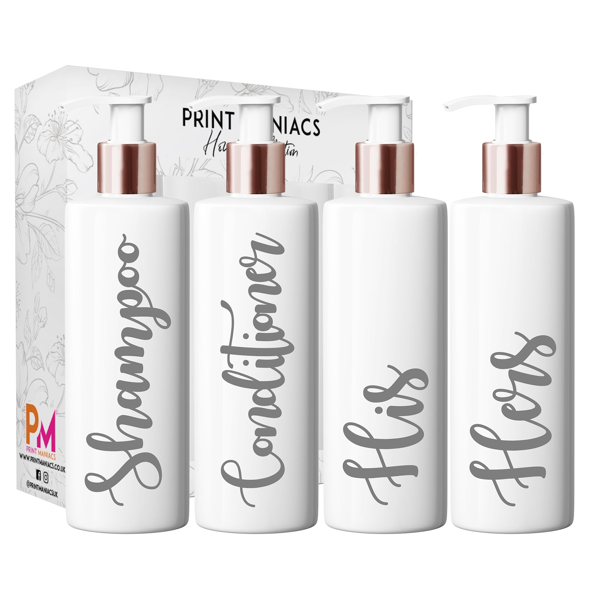 Print Maniacs White Mrs Hinch Inspired Personalised 500ml Bottles Bathroom Lotion Kitchen Shampoo Conditioner Rose Gold Pump (Set 4 His Hers) (Grey)