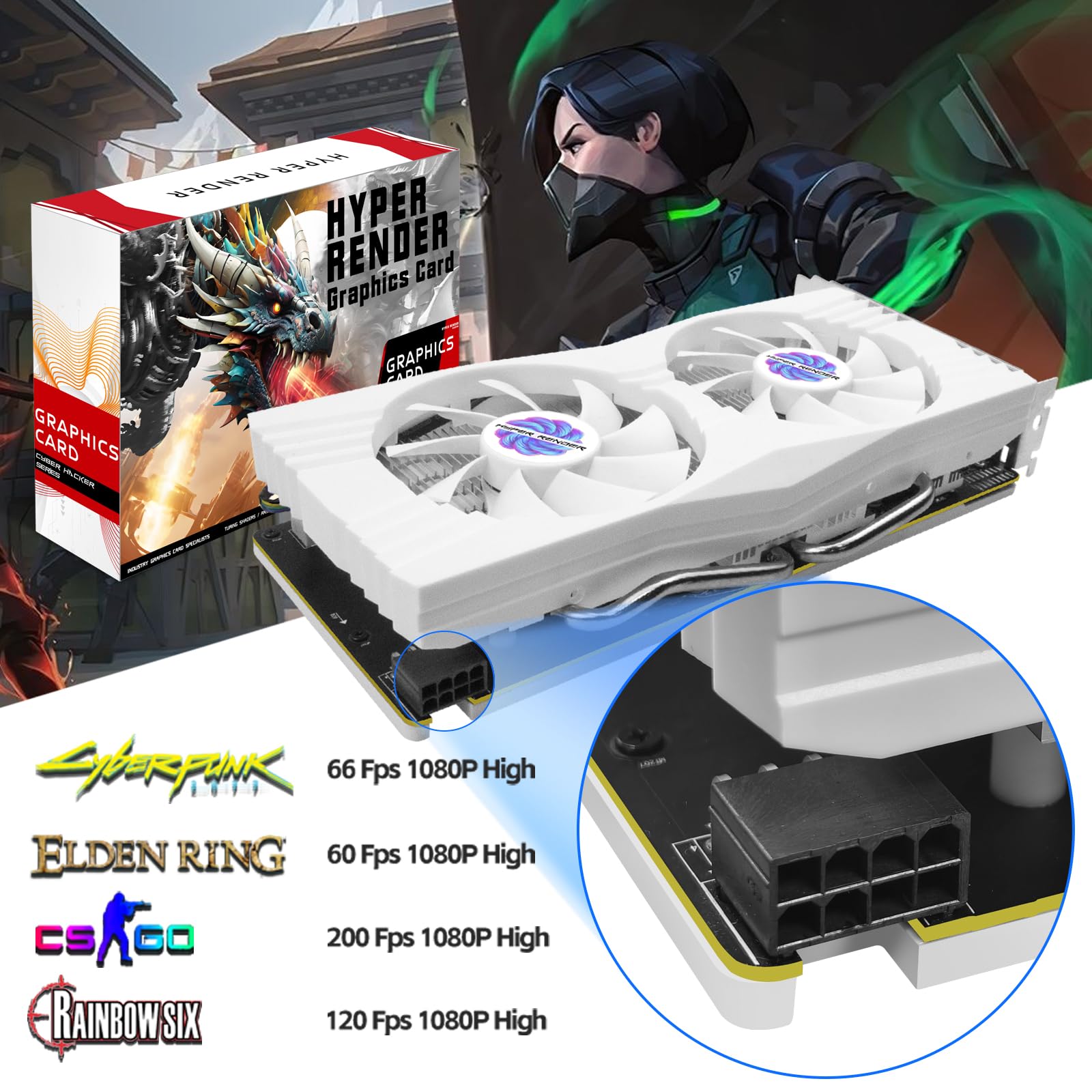 RX 580 - Tarjeta gráfica de 8 GB 2048SP DDR5 de 256 bits para PC de juegos, PCIE 3.0, ventiladores de congelación doble, tarjeta de video para computadora con HDMI/DP/puertos (blanco)