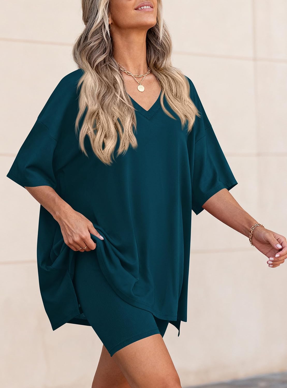 PRETTYGARDEN 2 Piece Sets for Women Summer 2026 Lounge Short Set Spring Matching Biker Shorts V Neck Oversized Shirt Clothing
