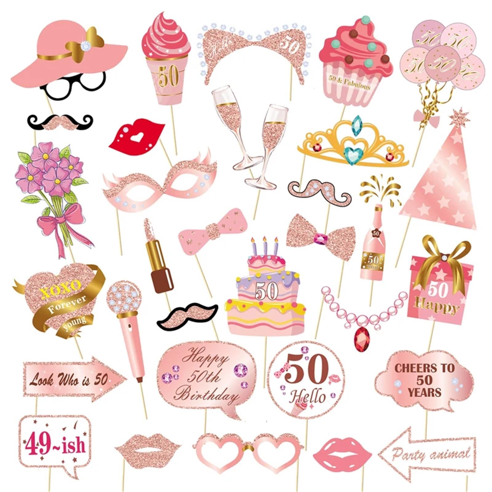 33Pcs Photo Booth Props for 16-60 Year Olds | Birthday & Anniversary Party Supplies for Women(50)