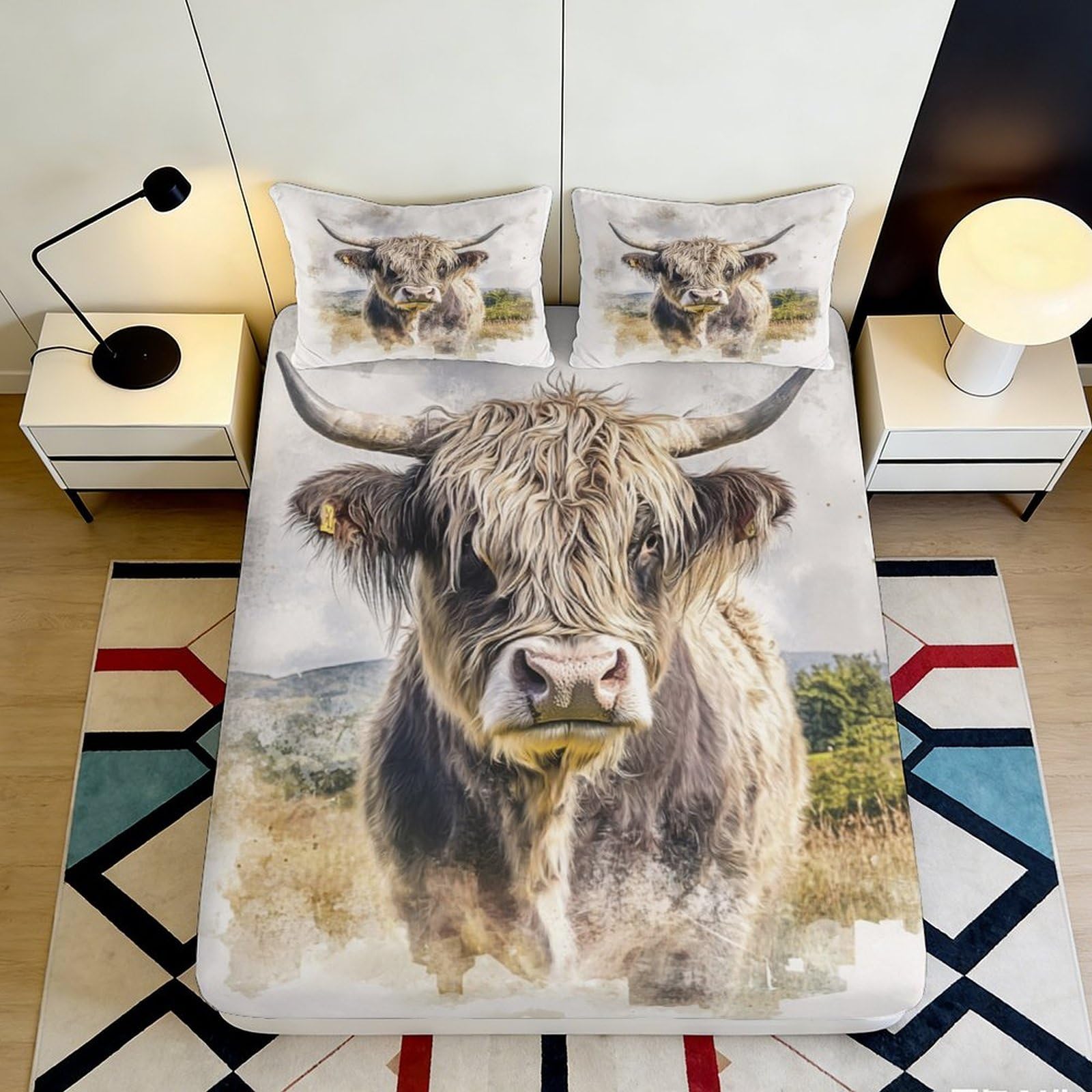 3D Printed Highland Cow Fitted Sheet Microfiber Soft Breathable Pasture Bed Cover for Bedroom Dorm Mattress Protection Decor 90x200x25cm