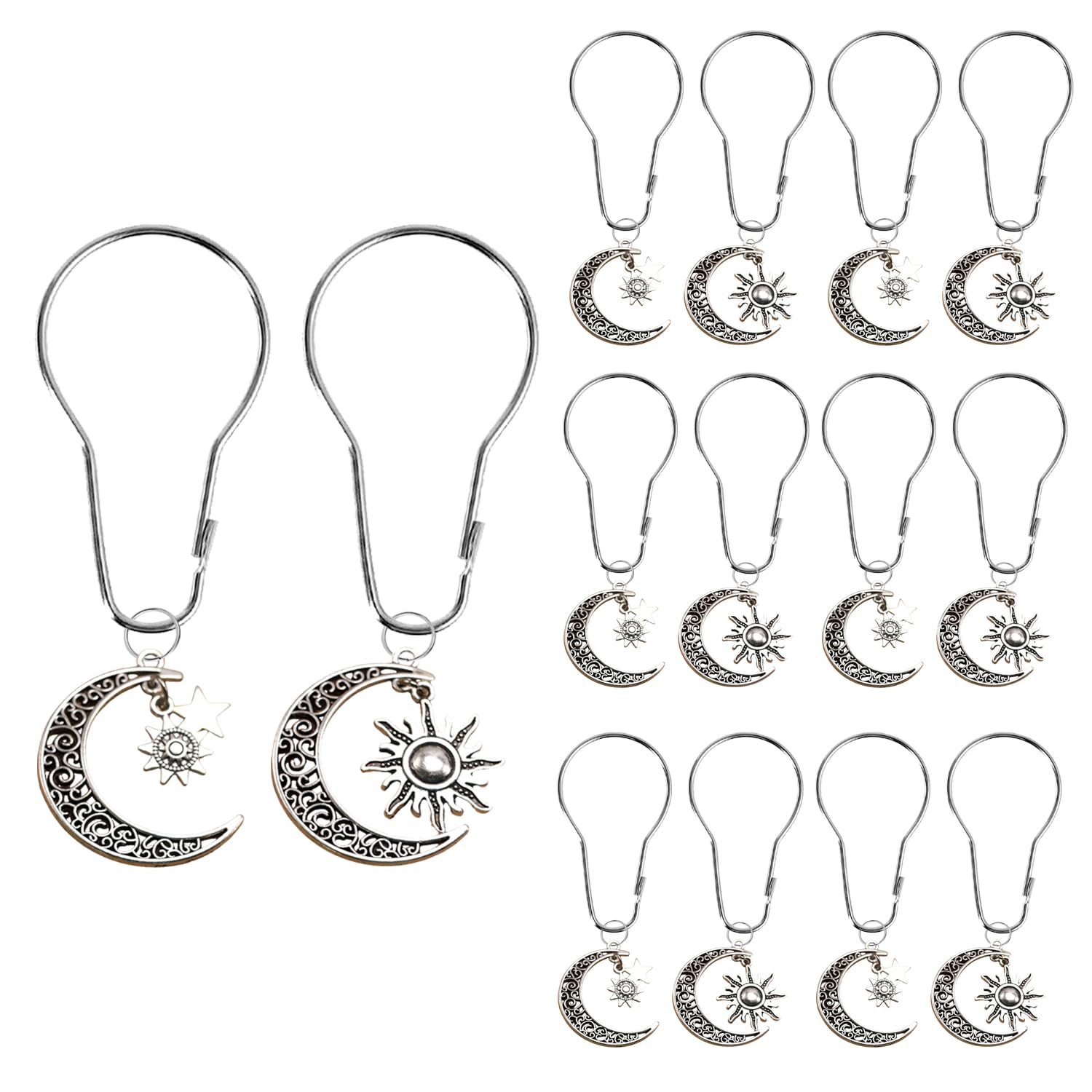 12 Pieces Shower Curtain Hooks, Decorative Moon Star Sun for Bathroom, Rust Proof Metal Stainless Steel Curtain Ring Gothic Bathroom Set Mid Century Abstract Boho Shower Curtain Hooks