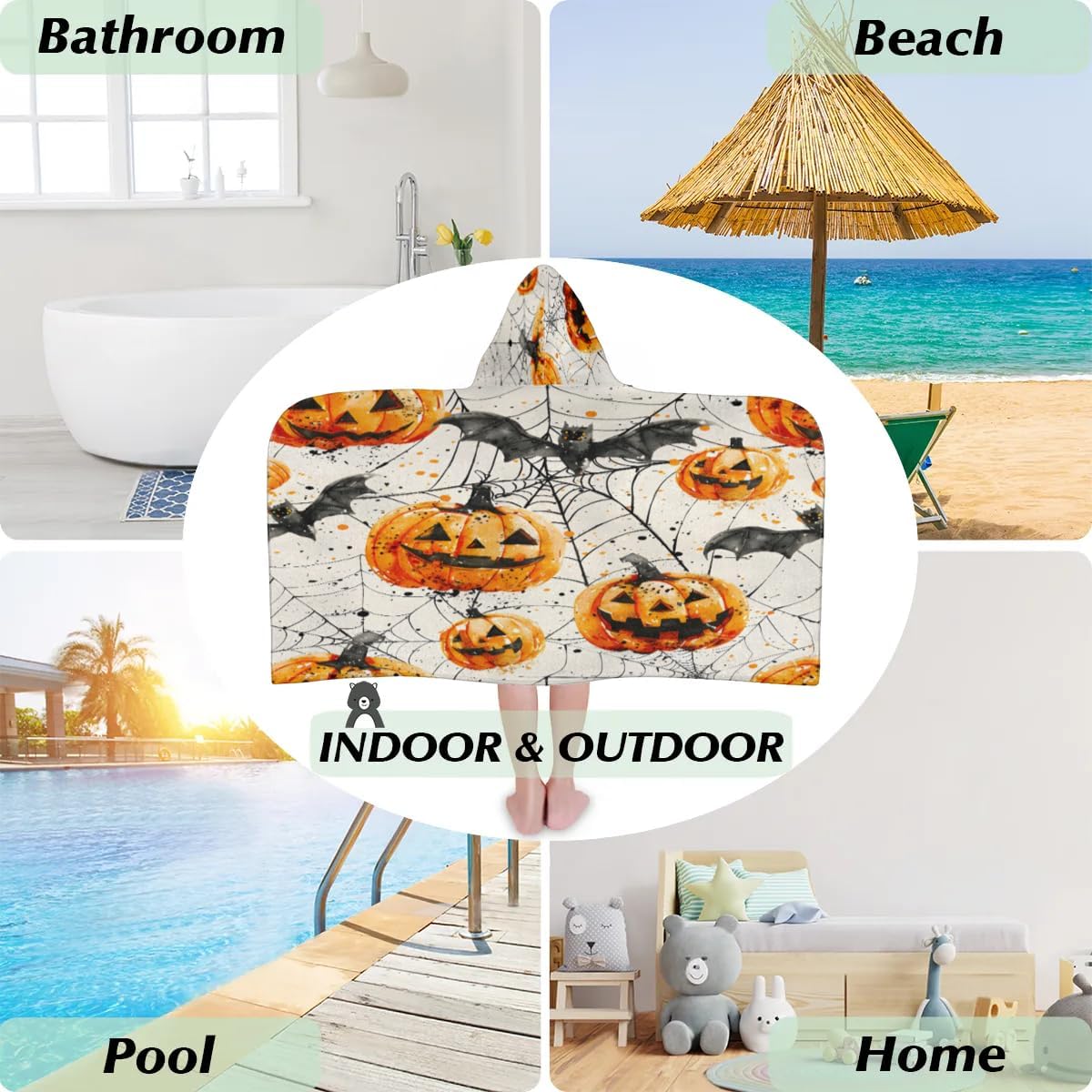 Pardick Kids Bath Towel Pumpkin Bat Web Beach Towel with Hood Pool Cover Up for Girls Boys Soft Absorbent Hooded Bath Towel Toddler Towels for Beach, Pool