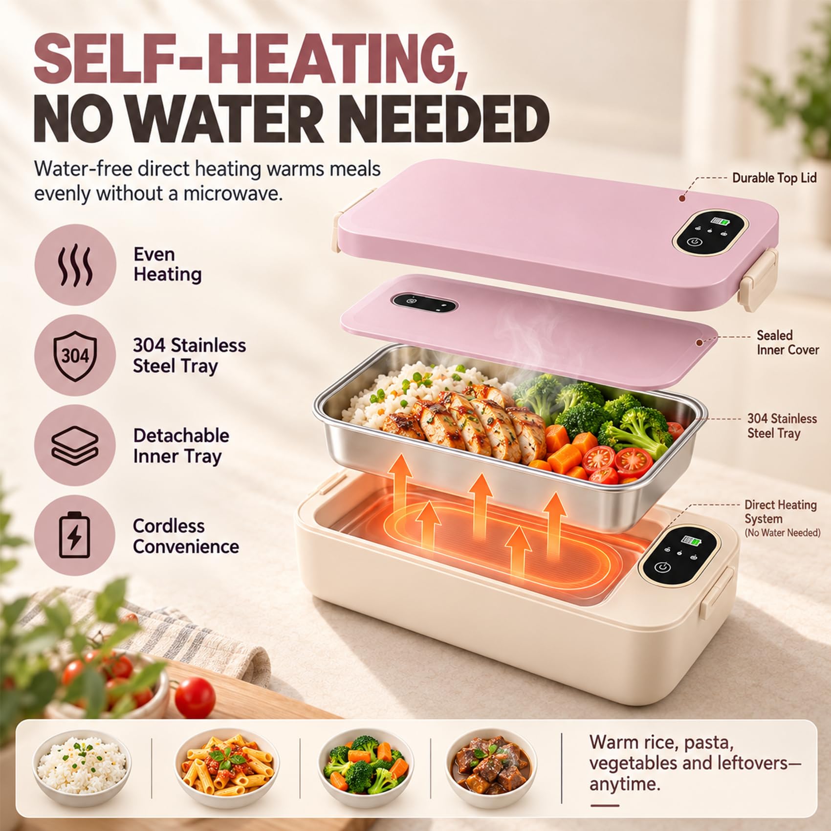 Genérico Self Heating Lunch Box, Portable Cordless Electric Heated Lunch Box (Gen 1:Pink,Timer)