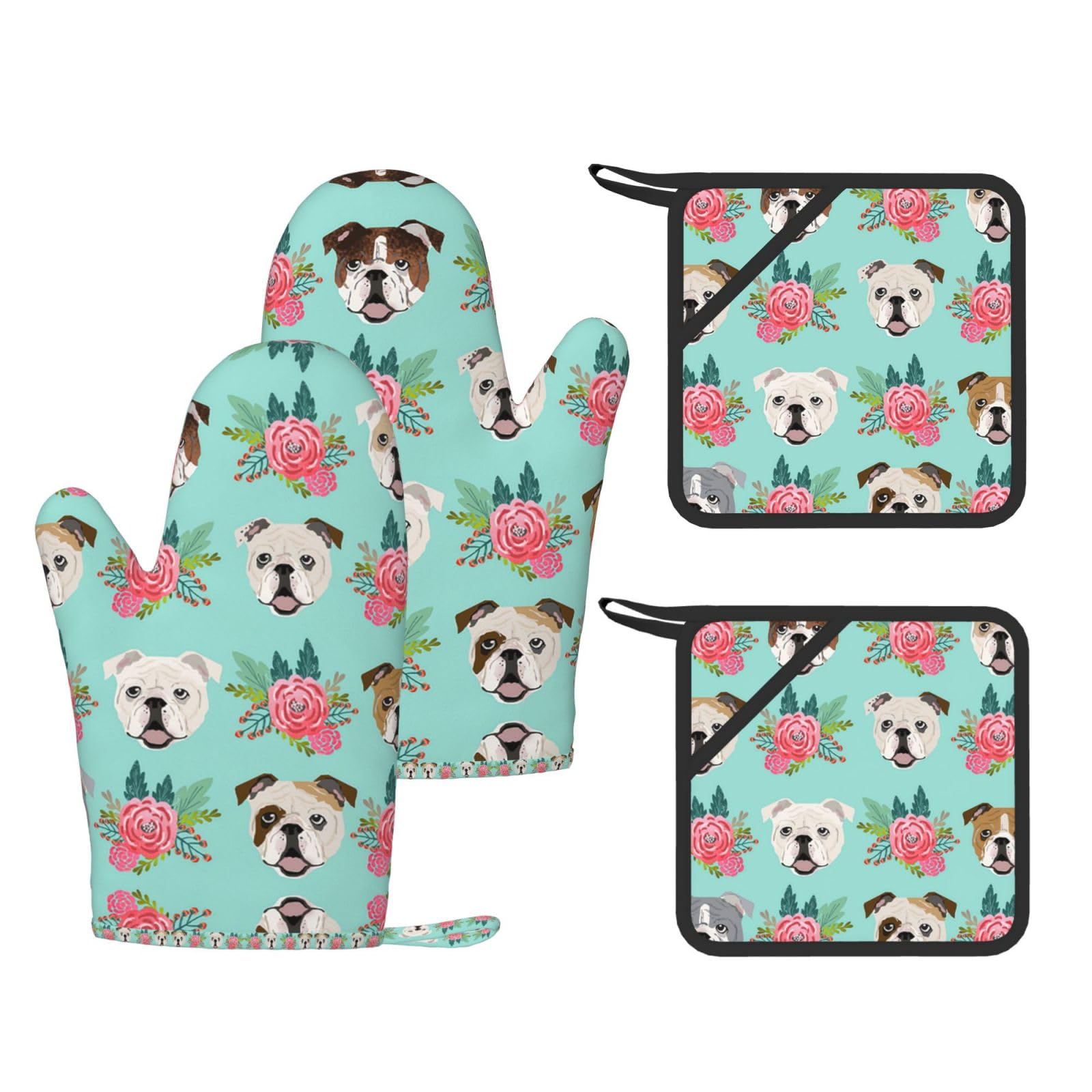 Gants de cuisine en silicone motif chien anglais et maniques de barbecue | Set de 4