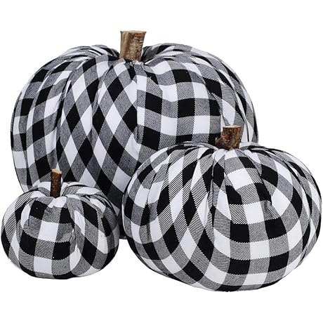 Buffalo Plaid Thanksgiving Decor - Set of 3 Assorted Burlap Pumpkins