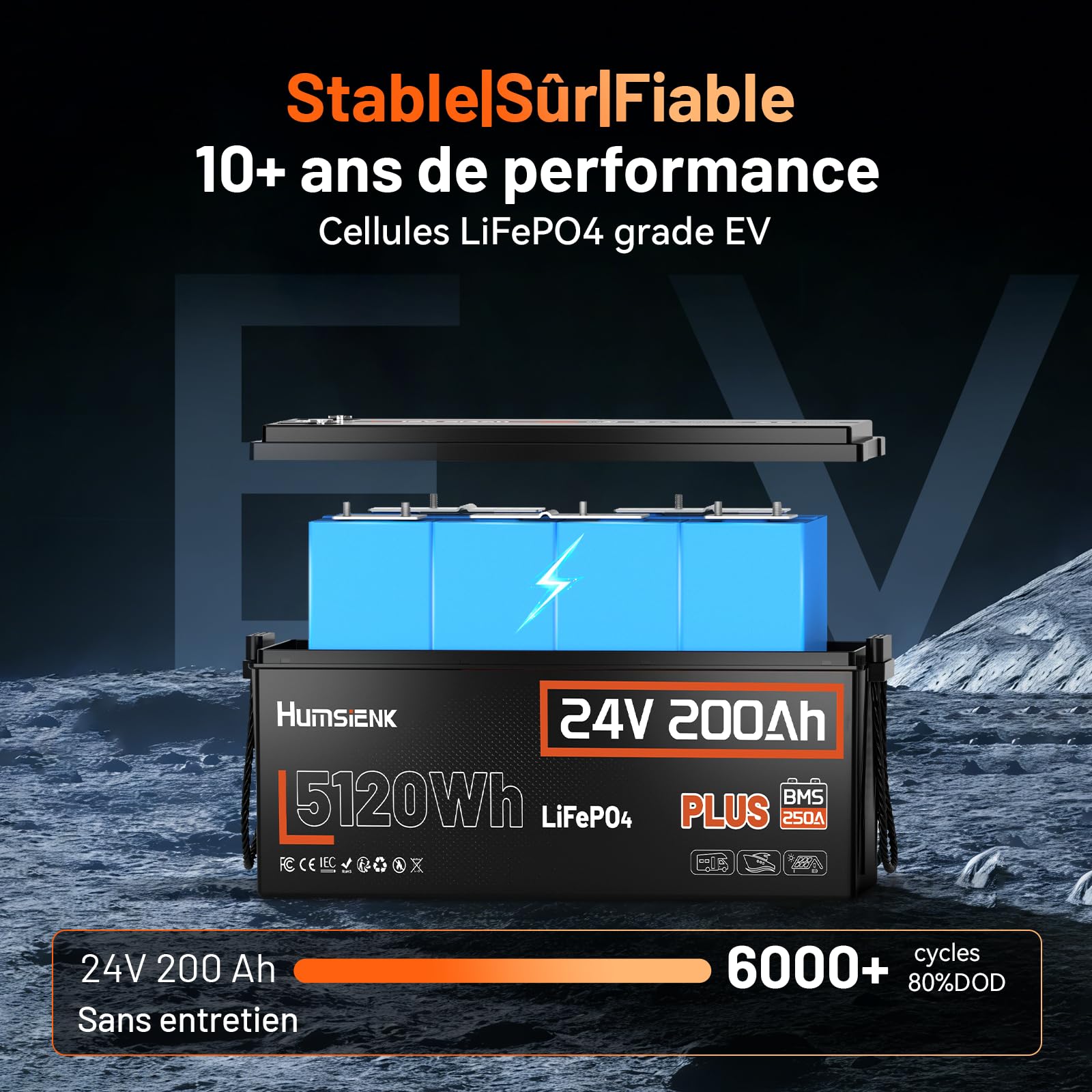 Humsienk Batterie Lithium LiFePO4 24V 200Ah Plus avec BMS intégré 250A et Protection Basses Températures, Batterie Lithium à Décharge Lente pour Camping Car, Panneau Solaire, Bateaux Bass, Hors-Réseau