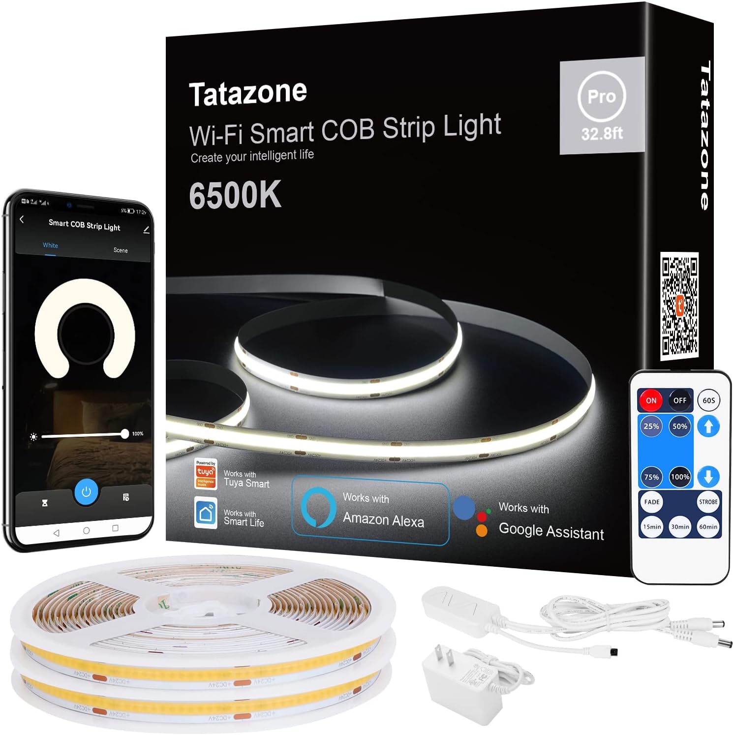 Smart White COB Led Strip Light with App and Remote, 32.8ft 6500K WiFi Bright COB Light Strip Work with Alexa Google, Dimmable Indoor COB Strip Lights for Room, Cabinet, 2 Rolls of 16.4ft