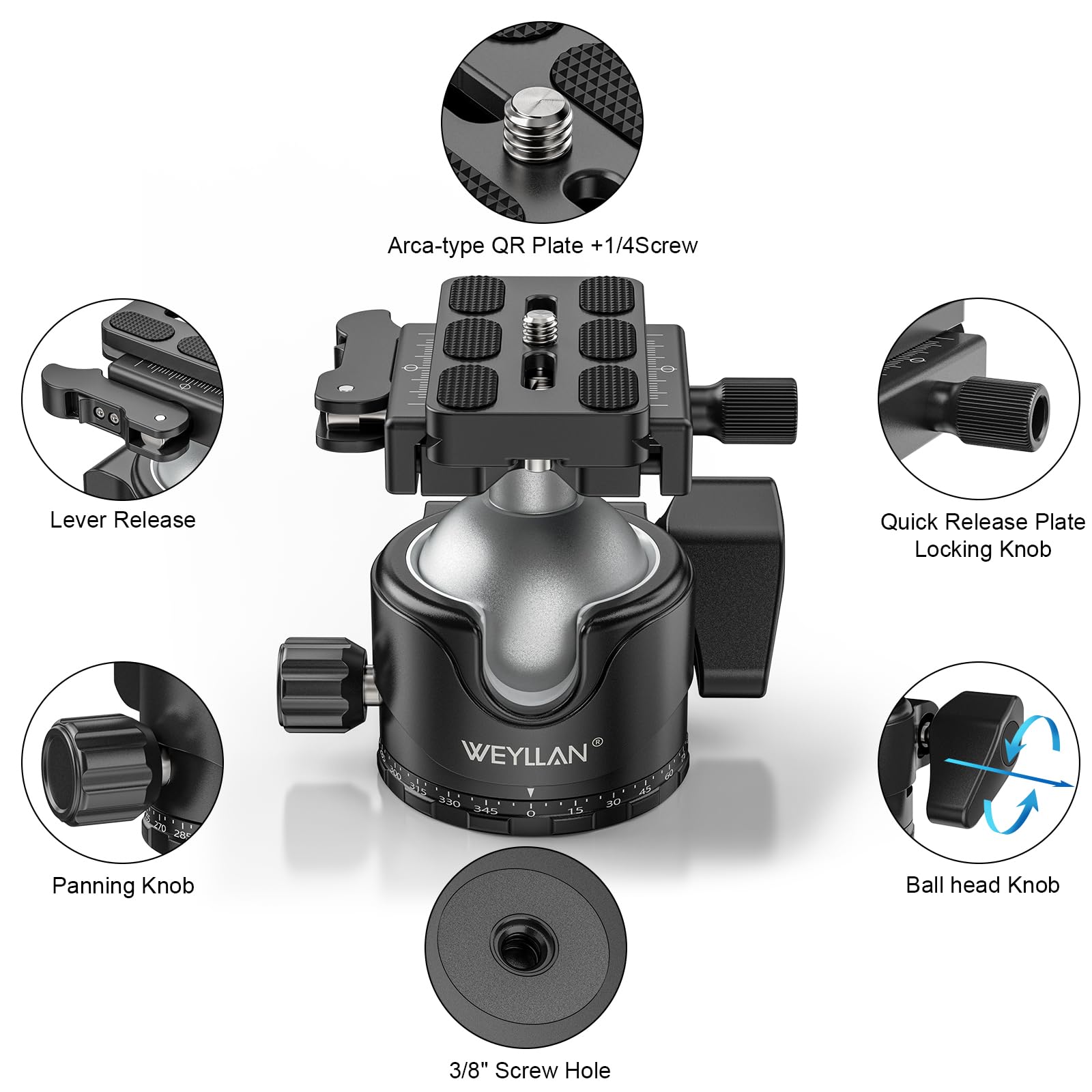 WEYLLAN EH46L rotule de trépied avec levier de déverrouillage, 46mm tête de trépied en métal panoramique avec plaque de dégagement rapide Arca Swiss, rotule robuste pour trépied, charge maximale 20 kg