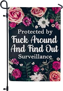 Protected by Fuck Around and Find out Surveillance Spring Summer Garden Flags for Outside, Happy Thanksgiving Yard Flags for All Seasons Halloween Gnome Flags 12 x 18 Inches Double Sided