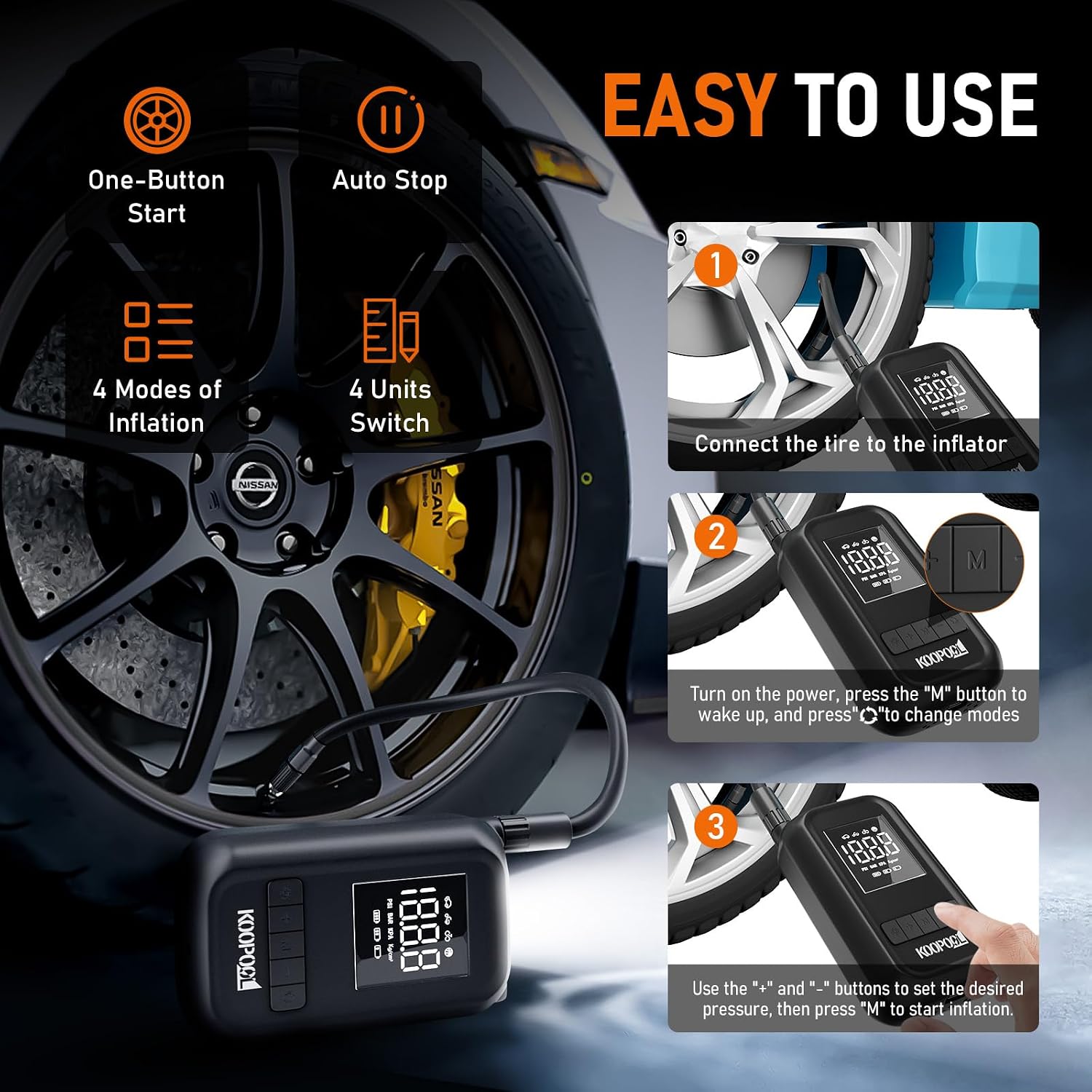 KOOPOOL 150PSI Tire Inflator Portable Air Compressor, 4000mAh image 3
