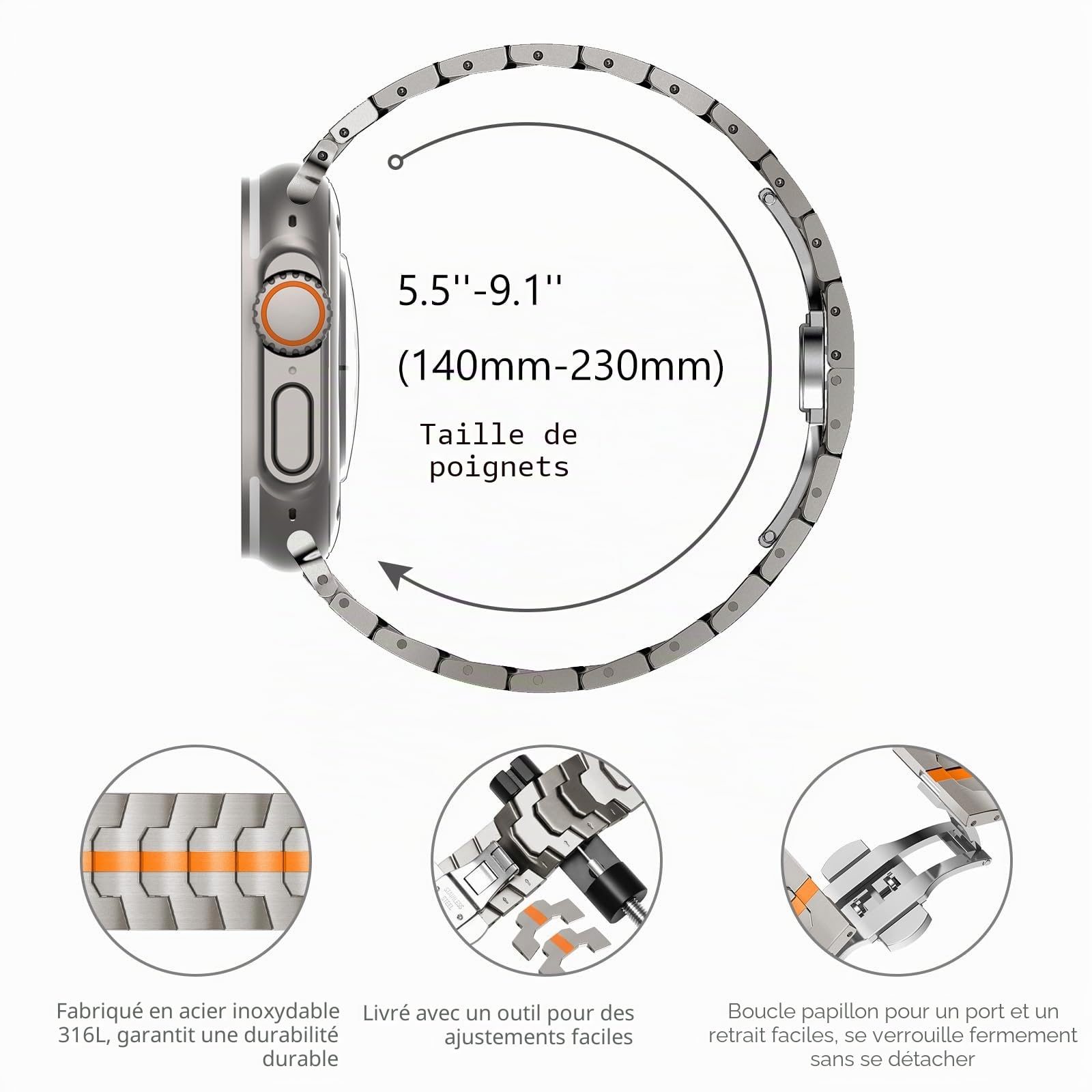KADES Bracelet à maillons en acier inoxydable compatible avec Apple Watch, homme et femme, pour iWatch Ultra 2/Ultra Series 9, 8, 7, SE, Series 6, 5, 4, 3, 2, 1, 49 mm, 45 mm, 44 mm, 42 mm