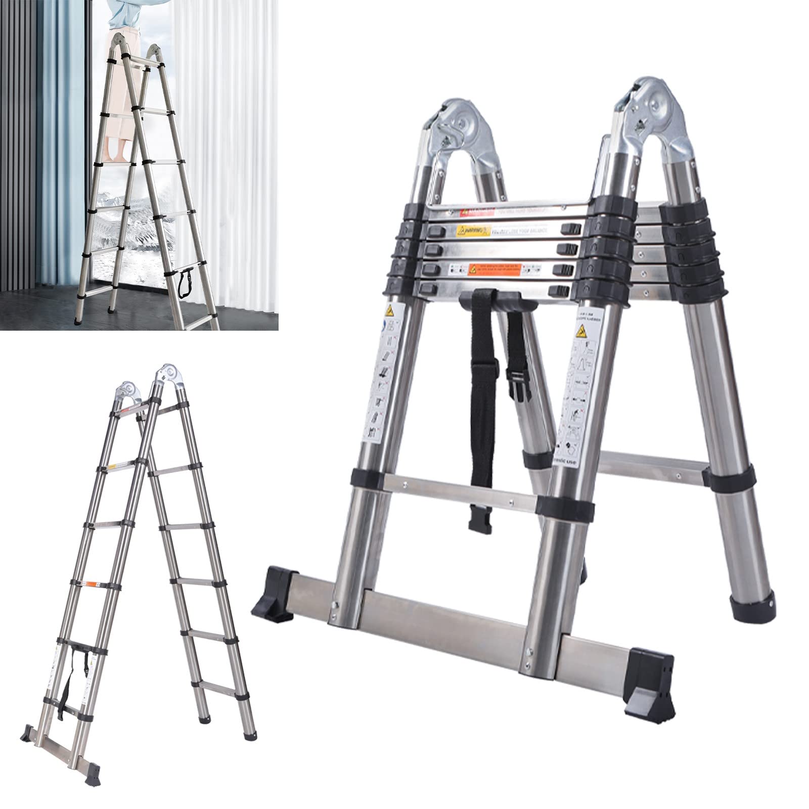 Stainless Steel Telescoping Telescopic Ladder 12.5ft/6.2+6.2ft A Frame Folding Straight Ladder Portable Extension Heavy Duty Compact Ladder with Support Bar 330lb Load Capacity EN131 Safe Standard
