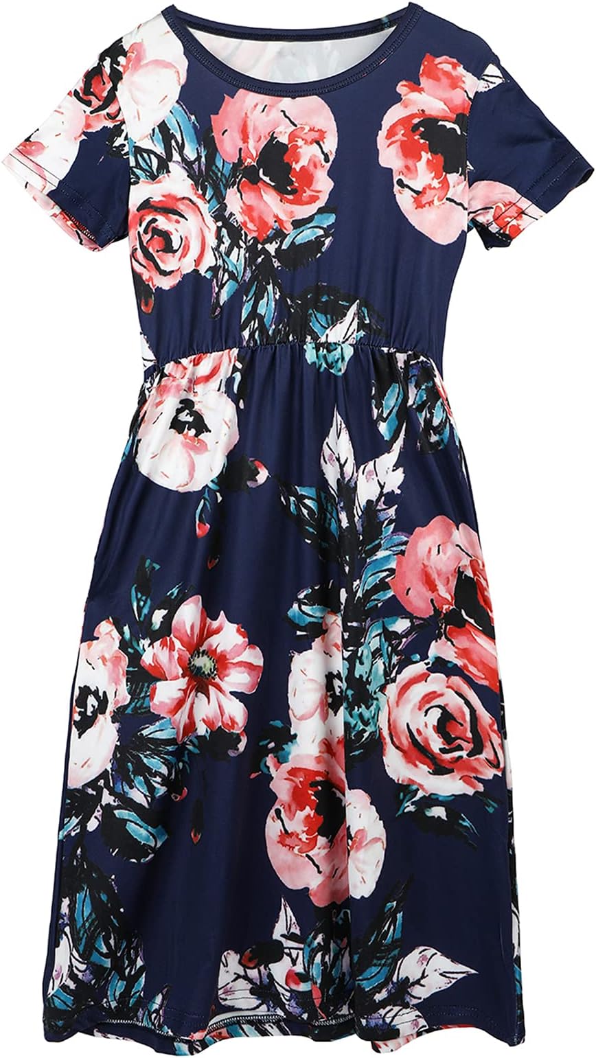 Girls Maxi Dress Floral Casual Short Sleeve Dresses with Pockets Navy Blue 110CM