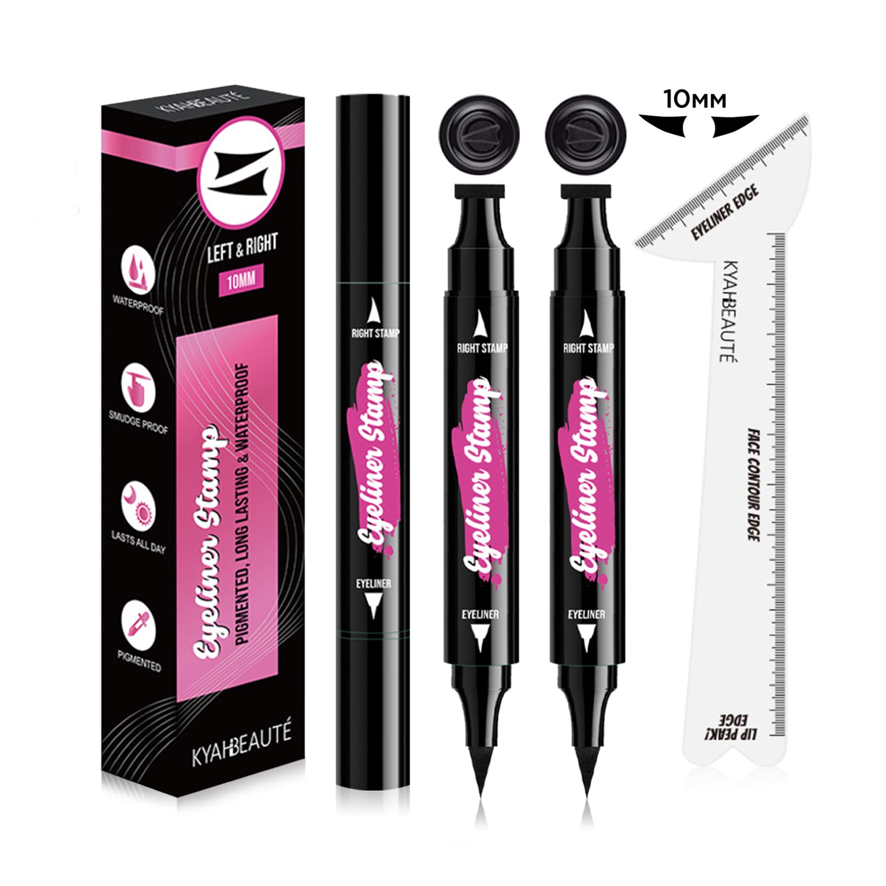 Homedom 2Pcs Winged Eyeliner Stamp with multi-purpose ruler, Waterproof Liquid Eyeliner Pen, Dual Ended Long Lasting Winged Pen, for All Eye Shapes, ypoallergenic and Easy to Use - 10mm