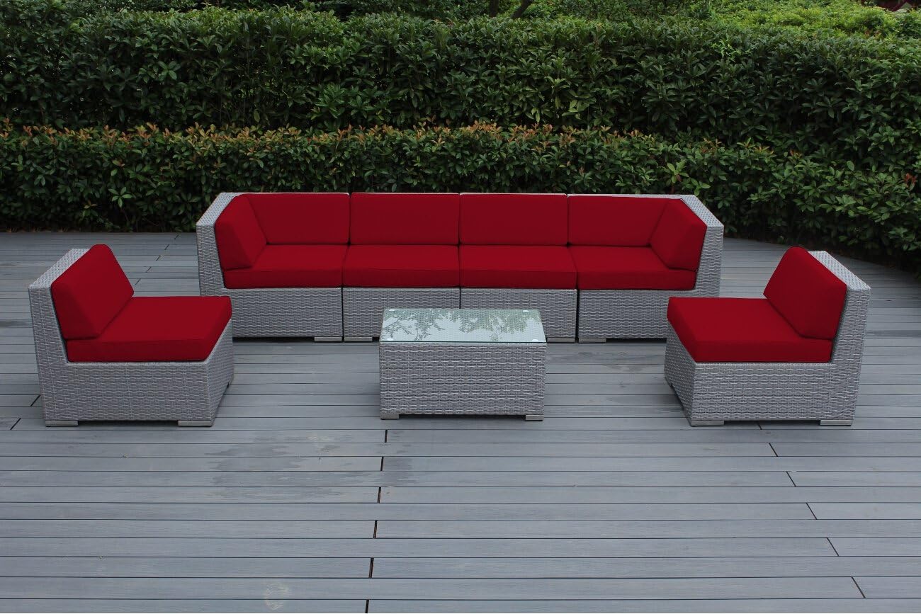 Ohana Depot 7-Piece Outdoor Patio Furniture Sectional Conversation Set, Gray Wicker with Gray Cushions - No Assembly with Free Patio Cover
