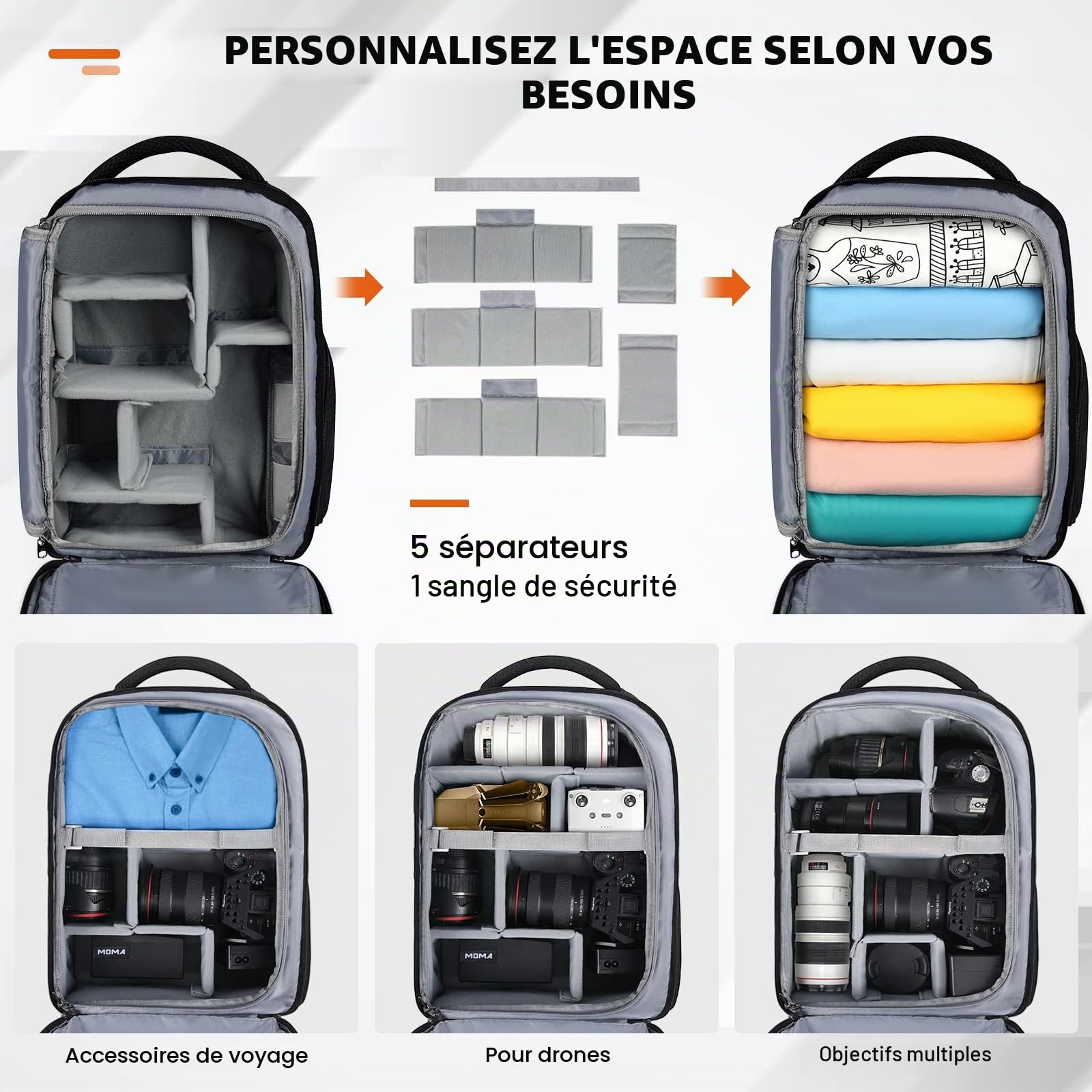 RAINSMORE Sac a Dos Appareil Photo avec Compartiment de 15,6 Pouces Sac a Dos Photographe avec Housse de Pluie, Sac Appareil Photo Compatible avec Canon Sony Nikon Noir