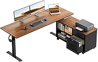OfficeGo 55 Inch L-Shaped Electric Standing Desk with Drawers & File Cabinet - Height Adjustable Home Office Workstation, Walnut/Black