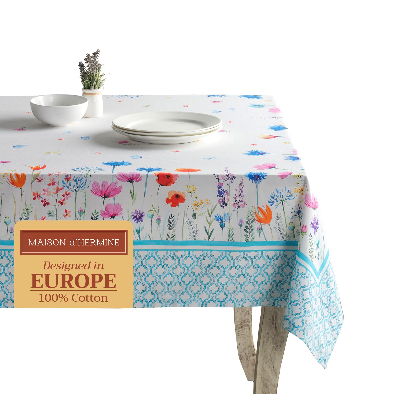 Maison D' Hermine 027 - Flower In The Field Table Cloth Rectangle Table 100% Cotton 230 Cm X 140 Cm Tablecloth Reusable Everyday Use For Dining Farmhouse Home Party Festive Hotel Kitchen Spring Summer (Flower In The Field)