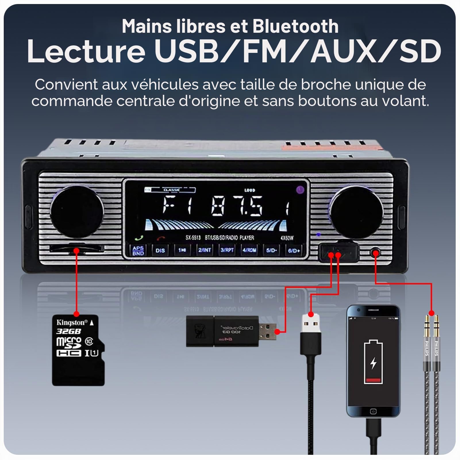 Autoradio Bluetooth, Vintage Poste Radio Voiture Bluetooth 4x60W Lecteur MP3 avec Télécommande Supporte USB/AUX
