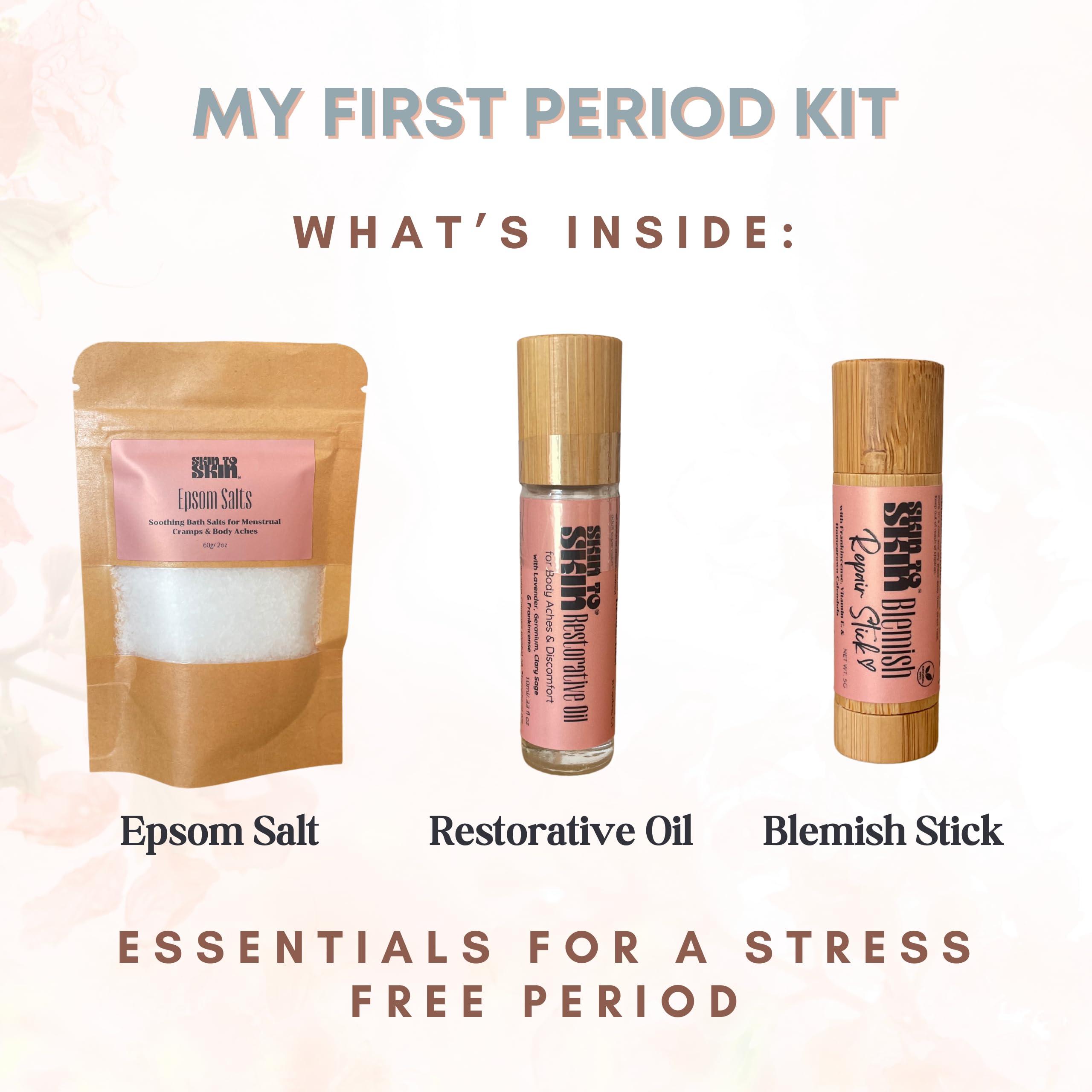 Skin to Skin My First Period Kit for Girls 10-16: Menstrual Starter Kit with Pads, Panty Liners, Cramp Relief, Educational Booklet