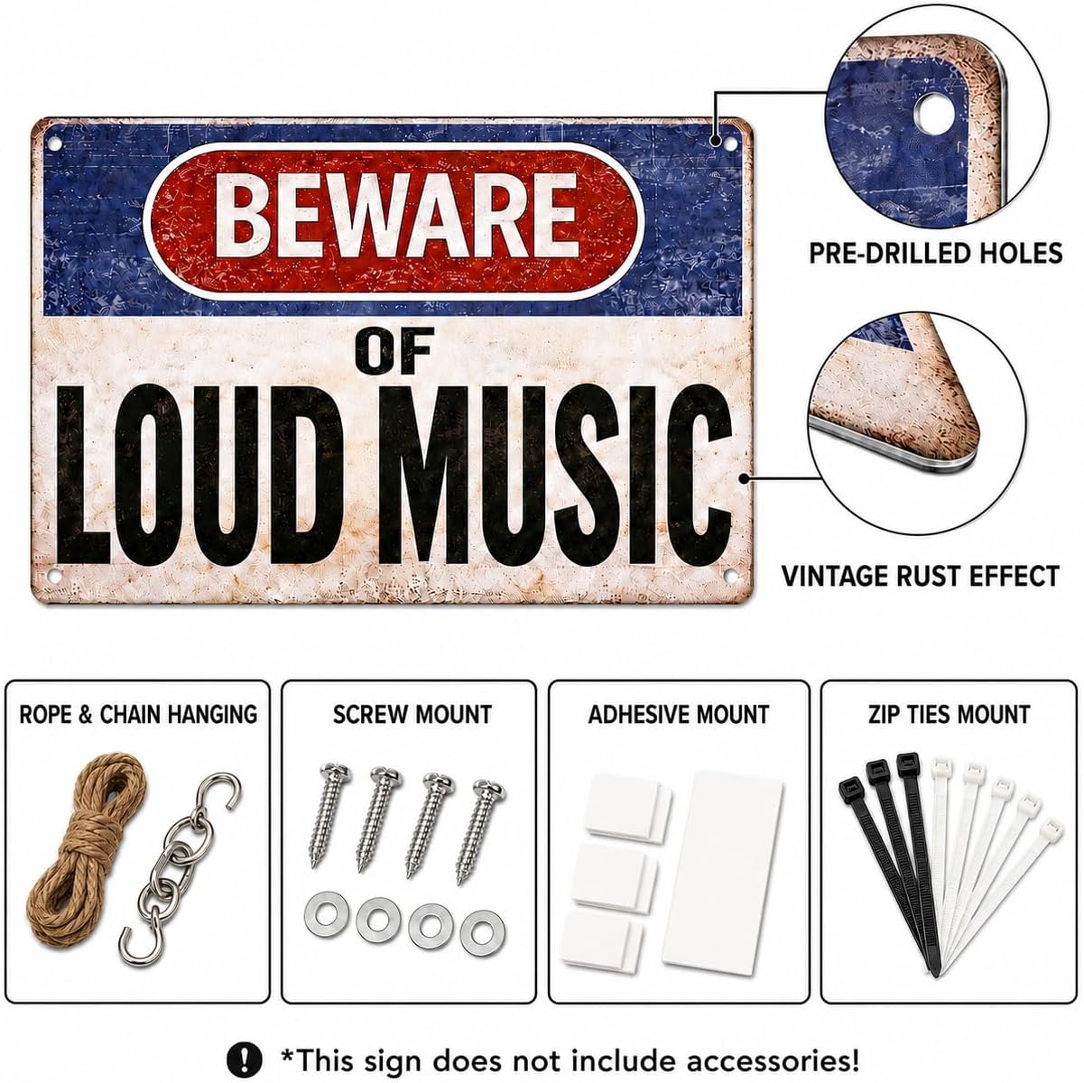 CrazySign Funny Music Gifts for Men and Musicians - Beware of Loud Music Vintage Metal Sign - Cool Rock Band Room Decor, Studio Wall Art, Home Bar Sign Decoration, 8x12 Inch(26010)