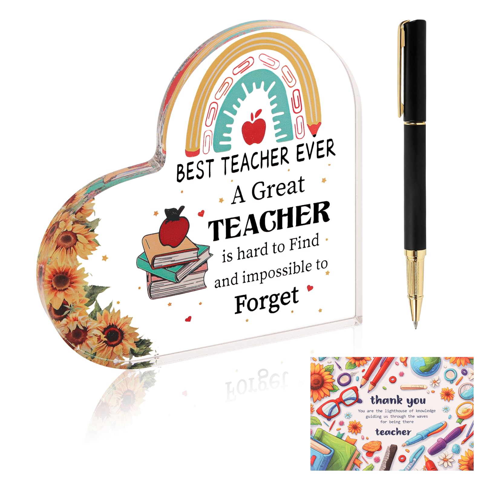 Teacher Appreciation Gifts Set, Acrylic Desk Decor Thank You Card and Engraved Ballpoint Pen, Perfect Teacher Gifts for End of Semester Graduation Christmas Birthday (Heart-shaped sunflower)