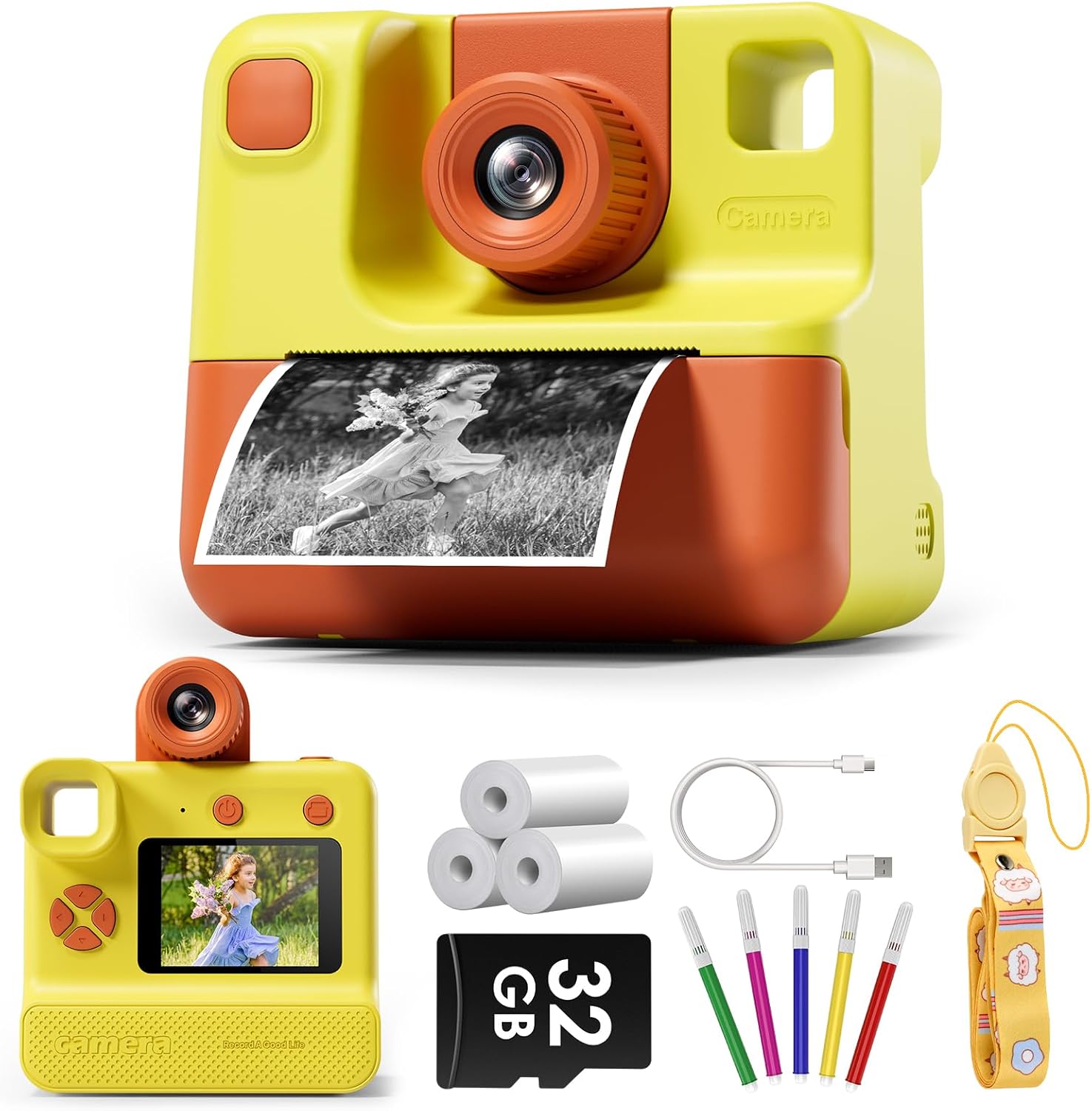Kids Camera Instant Print, Christmas Birthday Gifts for Toddle Girls Boys Age 3-12, 24MP & 1080P Selfie Digital Camera with 3 Roll No-Ink Print Paper 32G SD Card - Yellow