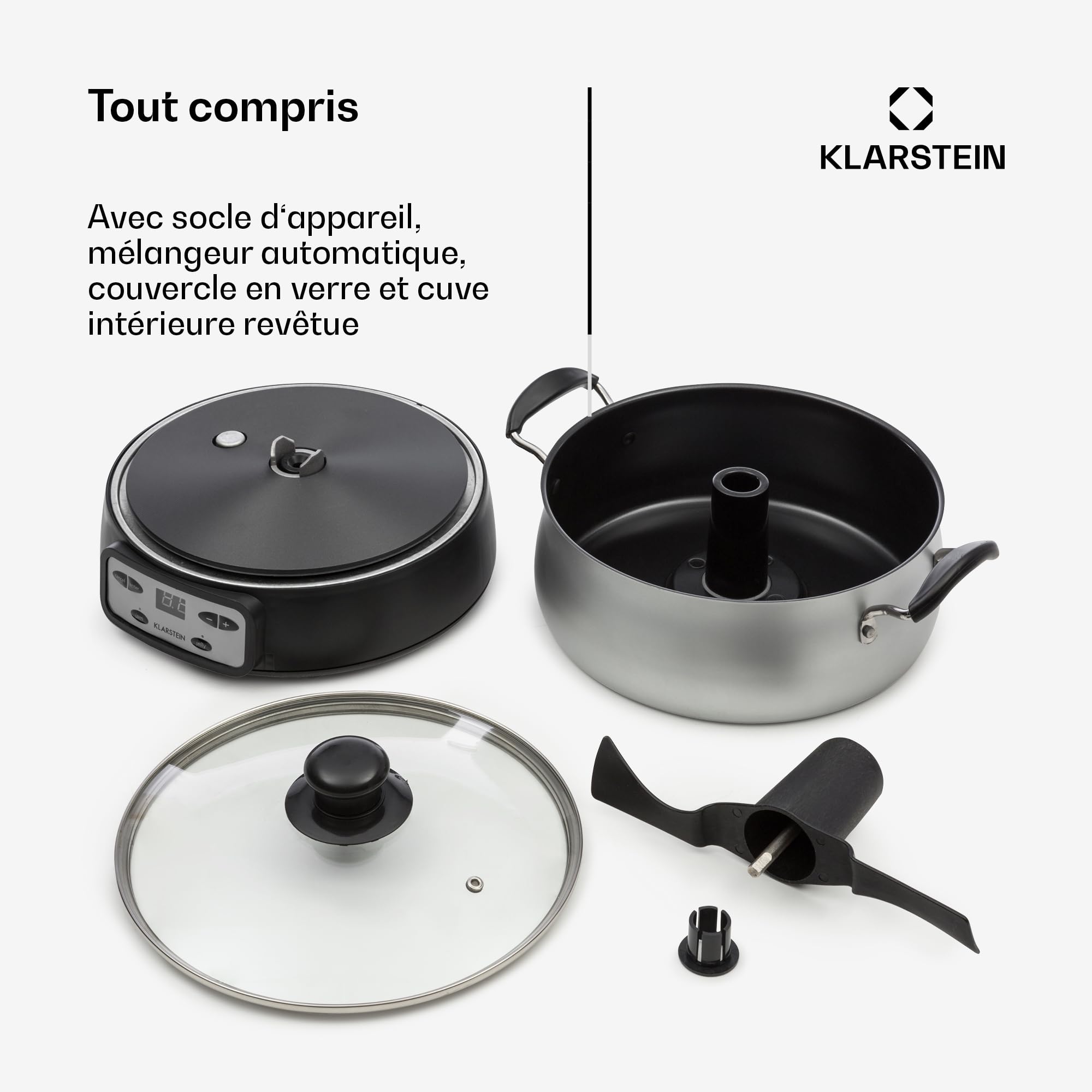 Klarstein Jam Session - confiturier et cuiseur de gelées, 1000 watts, 2 programmes automatiques, 3 litres de capacité, Durée de cuisson réglable, cuve est lavable en machine - argent