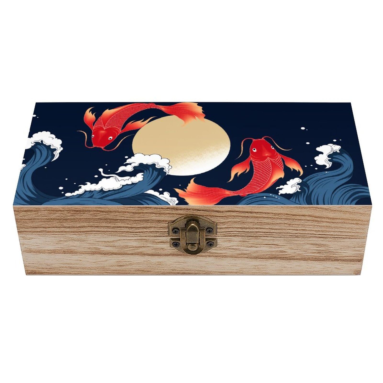 peiyeety Japanese Koi Fish Wooden Storage Box with Hinged Lid Vintage Gift Natural Wood Keepsake Decorative Rustic Jewelry Box 7.9" L*3.9" W*2.3" H