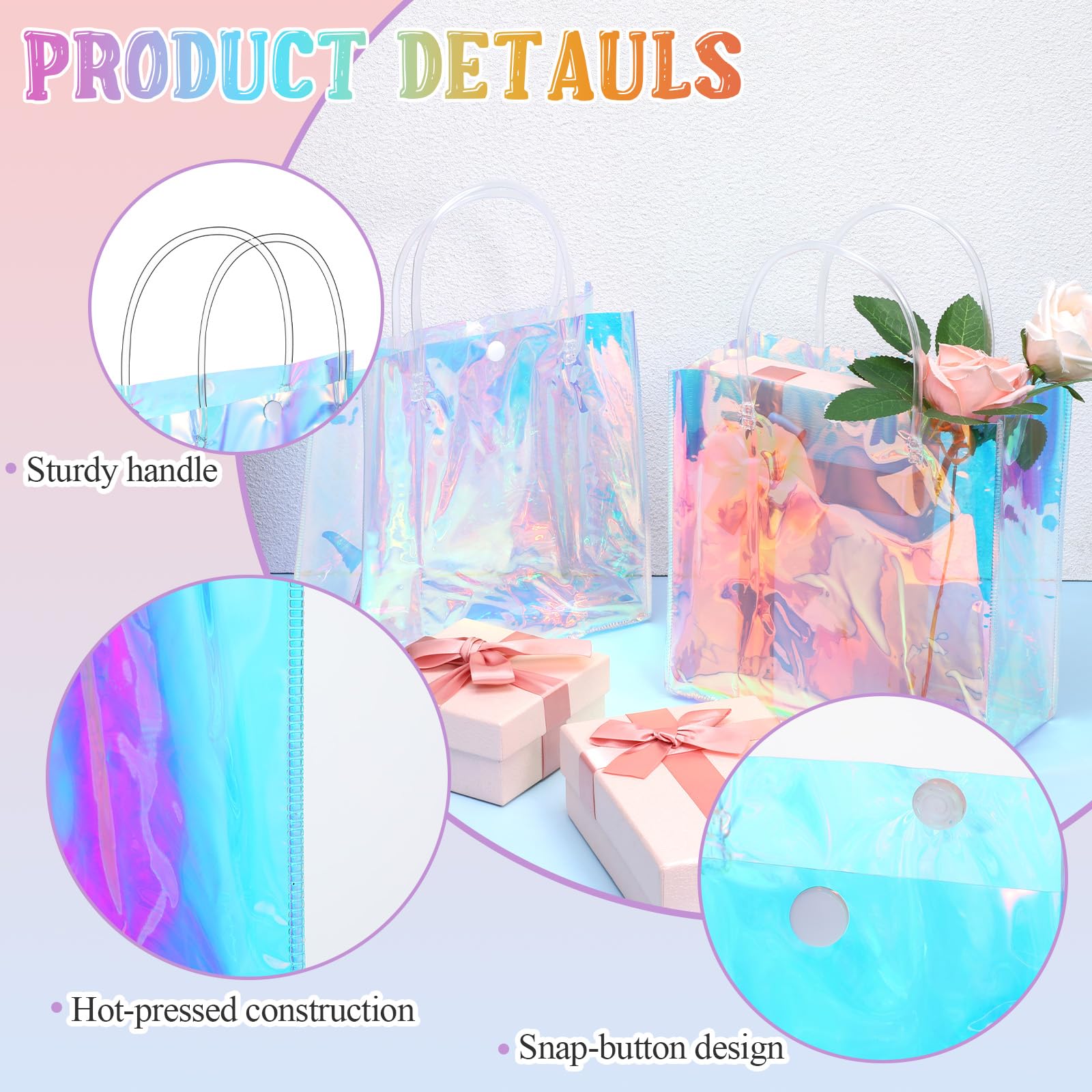 Yuanan 16 PCS Holographic Gift Bags, Iridescent Gift Bags Reusable Pvc Gifts Wrap Bag Clear Gifts Bag with Handles for Shopping Christmas Holiday Party Favor(7.8 X 7.8 X 3.5 Inch, Rainbow)