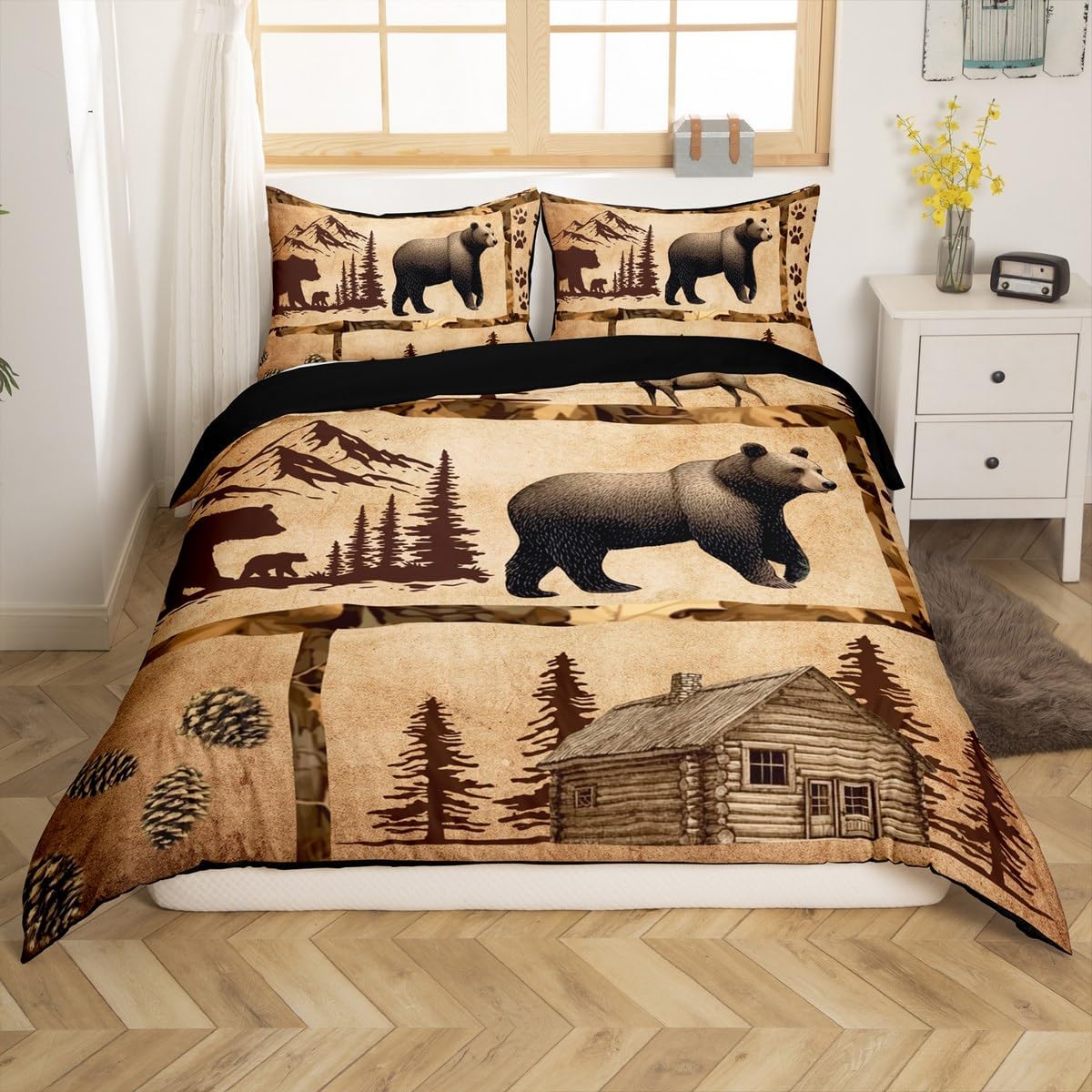 jejeloiu Lodge Cabin Duvet Cover Set Bear Silhouette Bedding Set for Kids Boys Girls Pine Tree Comforter Cover Wild Animal Jungle Style Quilt Cover Room 2Pcs Toddler Size,Zipper,No Comforter
