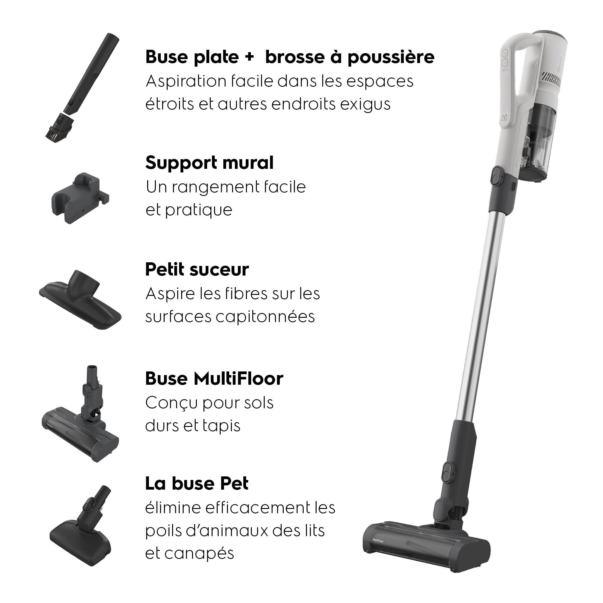 Electrolux 500 Aspirateur Balai sans Fil 2-en-1, Jusqu’à 50 Min d’Autonomie, Brosse MultiFloor LED Anti-enchevêtrement, Mini-Brosse Poils d’Animaux, Recharge Murale, EP51AH18SW
