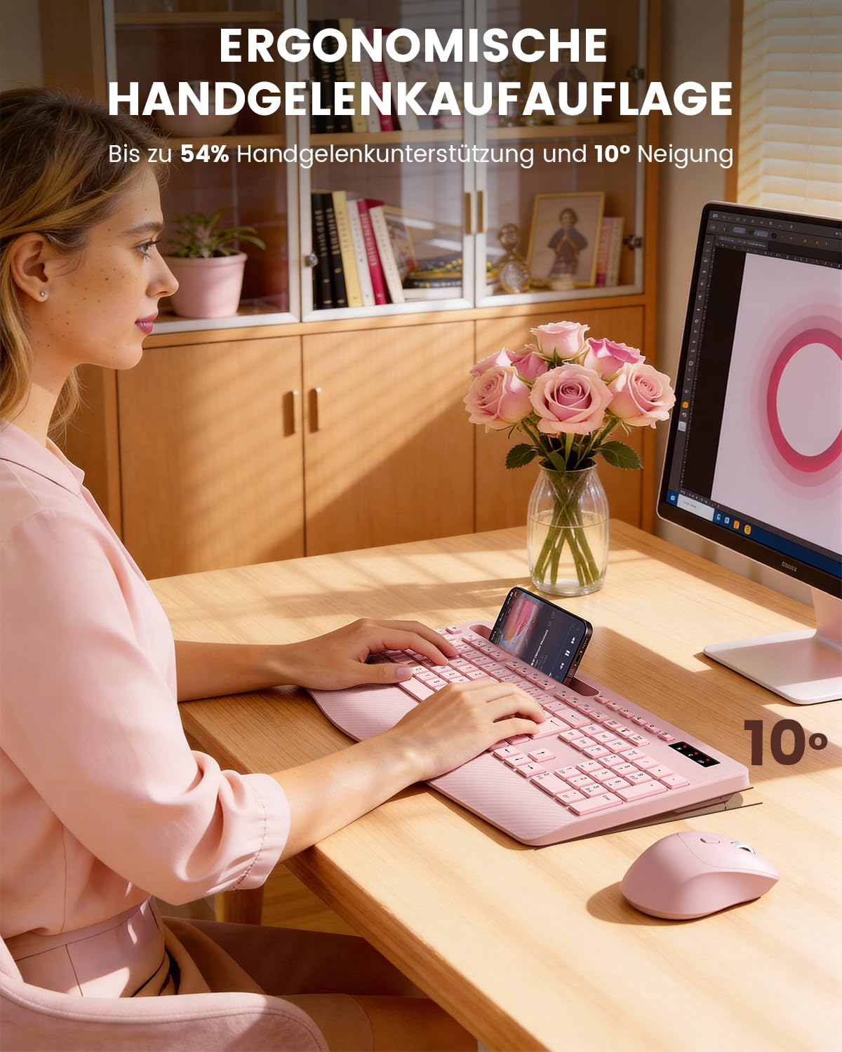 Juego de teclado y ratón inalámbrico, 2,4 G, sin latencia, juego ergonómico, reposamuñecas, soporte para teléfono, batería incluida, ratón silencioso y teclado para portátil, PC, Windows-rosa