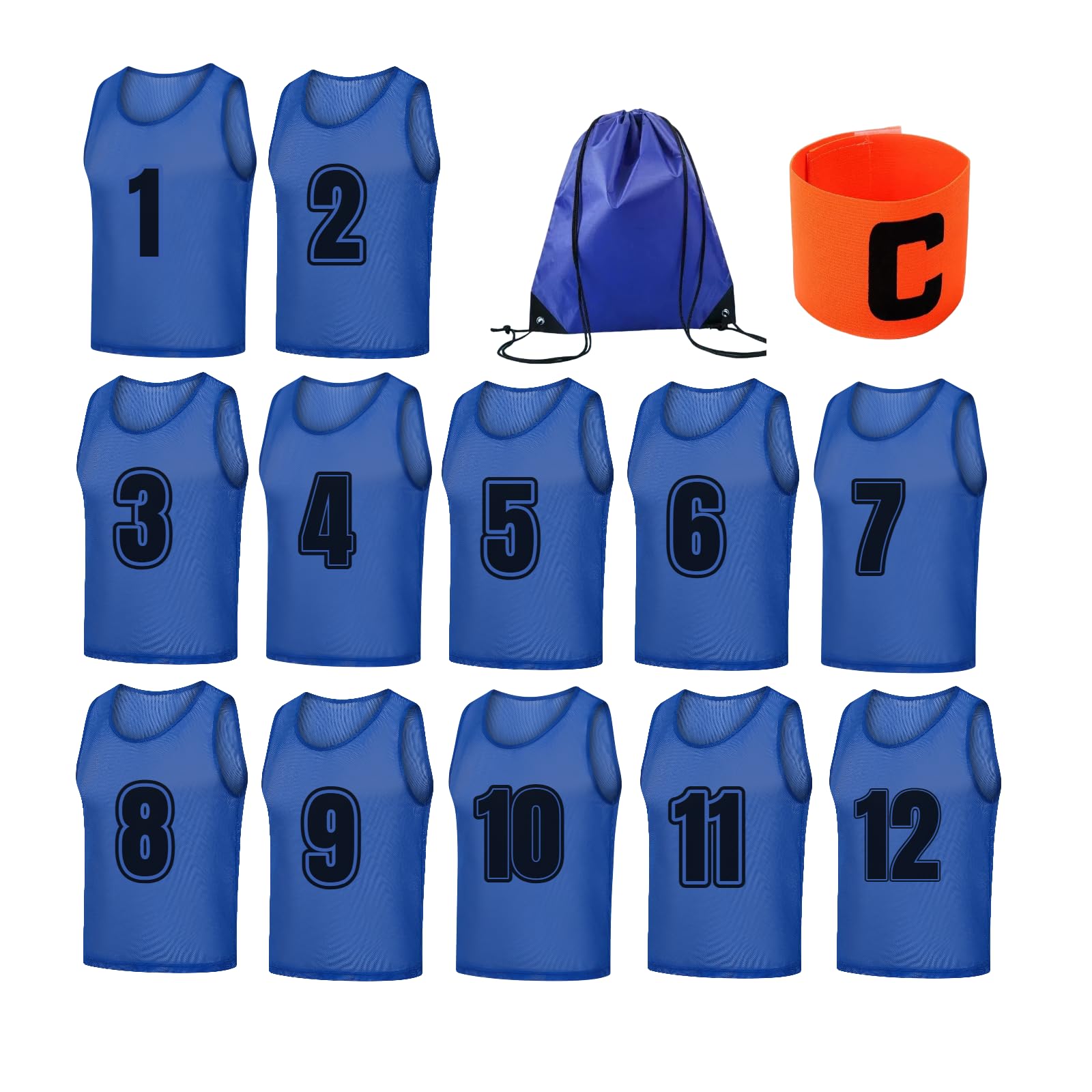 TOEPODO Confezione da 12 bavaglini da calcio per adulti, con borsa portaoggetti e fascia da capitano, XL, blu