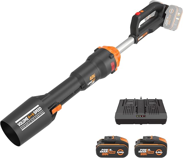 WORX NITRO 36V(40V MAX) Cordless Leaf Blower WG585E, PowerShare, Brushless, 3 Speeds + Turbo Mode, 266km/h Air Speed, 1053m³/h Air Volume, Lightweight and Compact, 2pcs 4.0Ah Batteries Included
