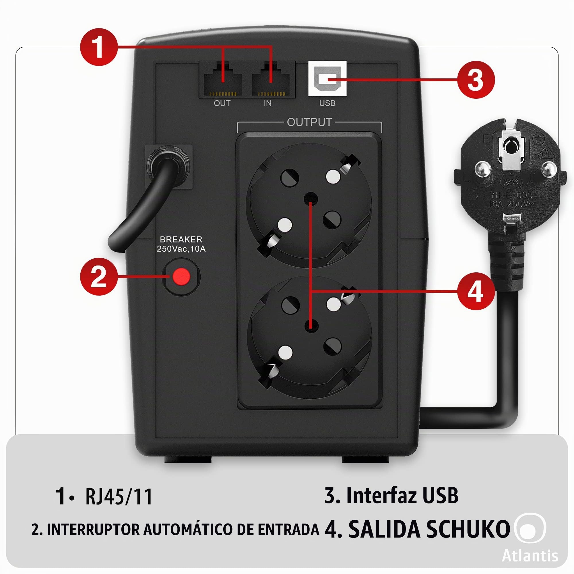 Atlantis A03-HP1003 Sistema de alimentación ininterrumpida Onda sinusoidal Pura 800VA 480W Line Interactive, Pantalla LCD, USB-HID, 2 Shuko, protección RJ45,Cable de alimentación, 1 batería 12V 9Ah