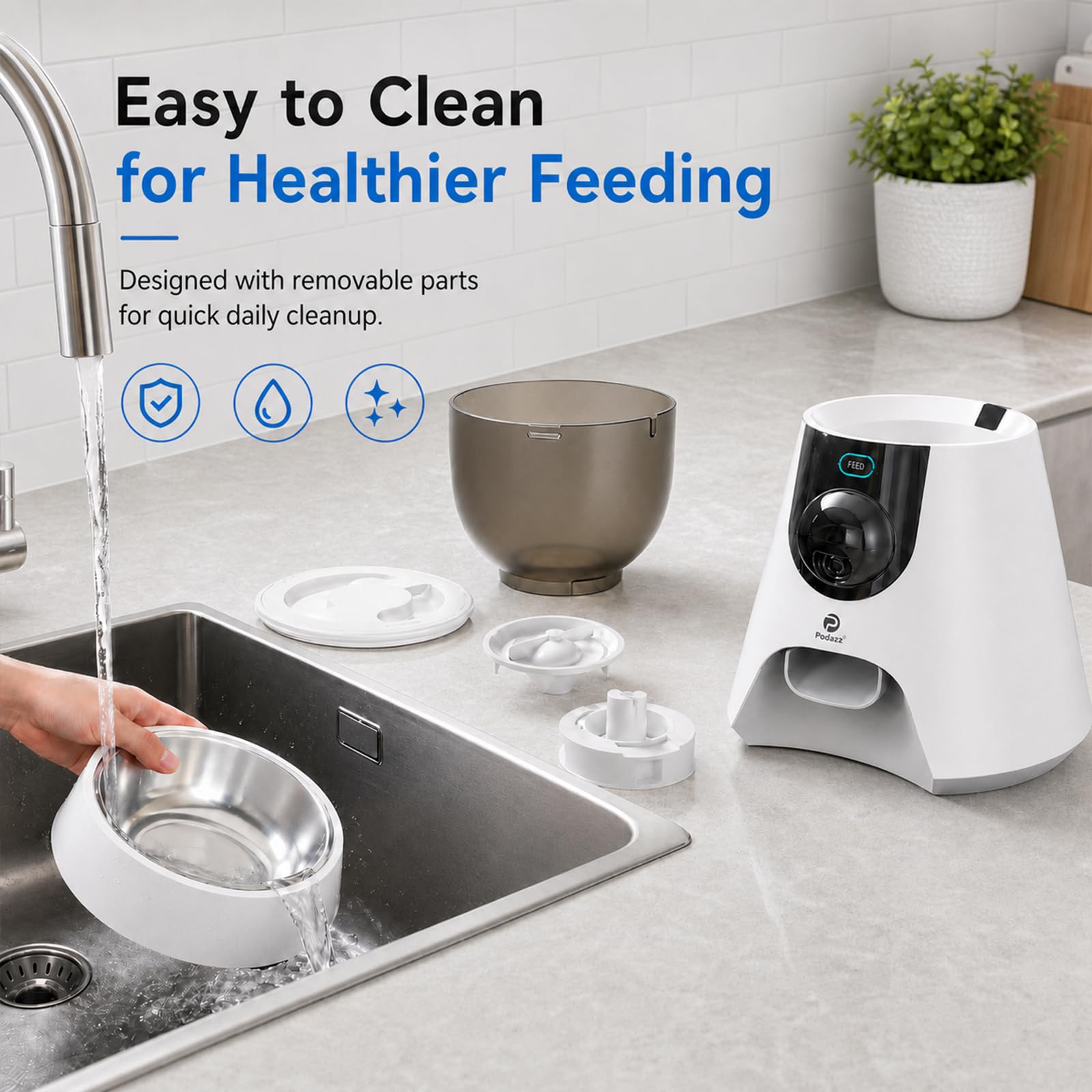 Podazz Comedero Gato Automático con Cámara 1080P, WiFi 5G/2.4G, Dispensador de Comida para Gatos y Perros 4L con App, Visión Nocturna, Audio Bidireccional, 10 Comidas al Día, Detección de Movimiento