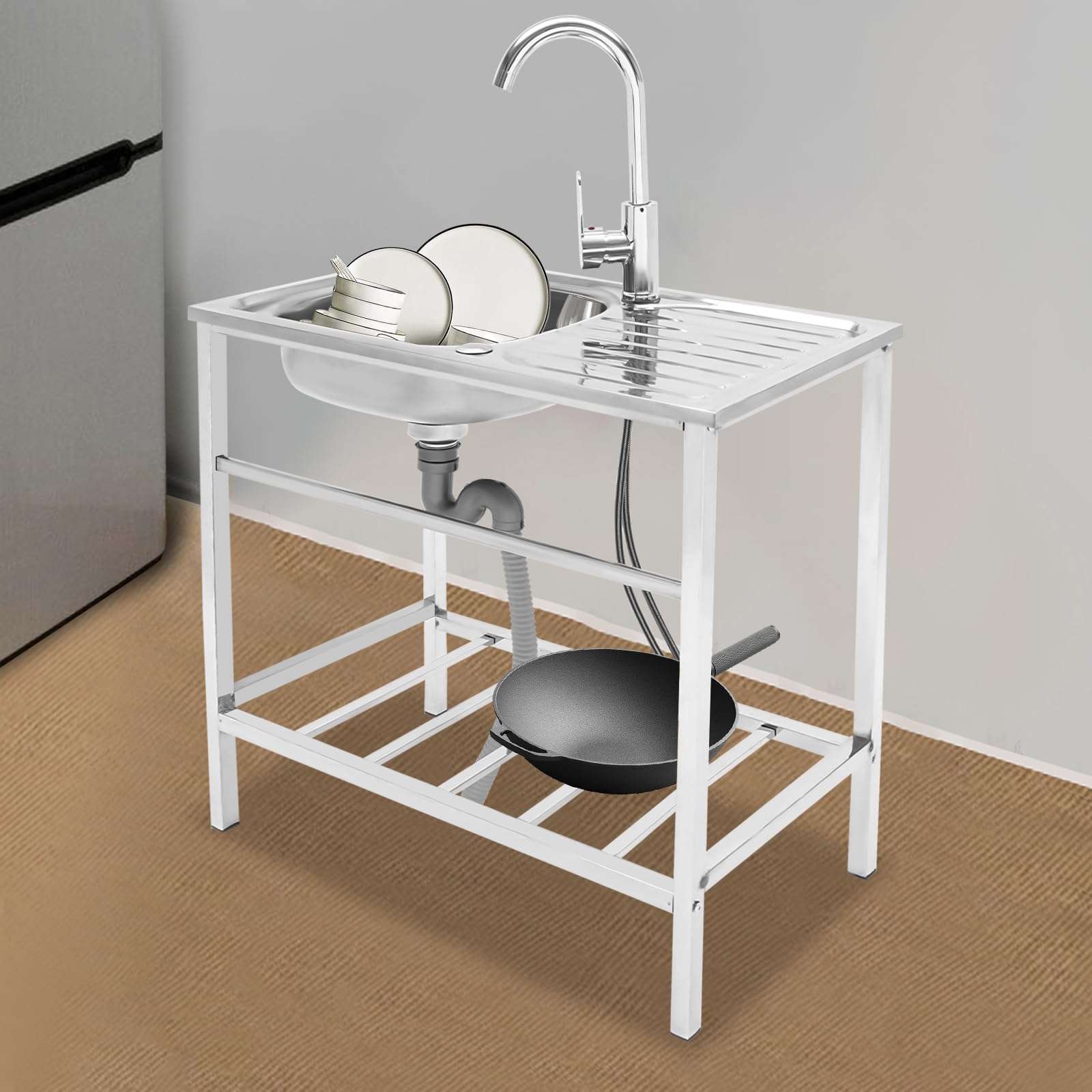 Mesa de acero inoxidable, fregadero gastronómico con armario inferior, fregadero comercial, fregadero de cocina, fregadero independiente con grifo, para exteriores, interior, restaurante, 75 x 40 x 76