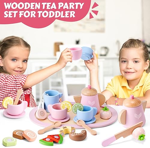 Miniatura 10 de Juego de fiesta de té de madera para niñas pequeñas, juguete de la hora del té de la princesa de Ehome que incluye bandeja de postre, 31 piezas de