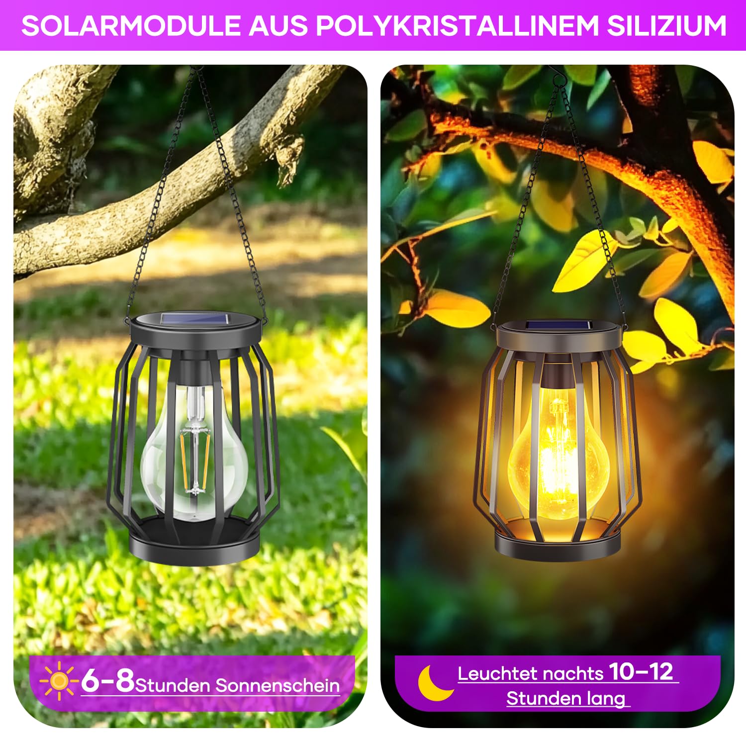 Solarlampen für Außen Hängend, 2 Stück Garten Deko Solarlaterne mit Größer LED Glühbirne, IP65 Wa... Ansicht 3