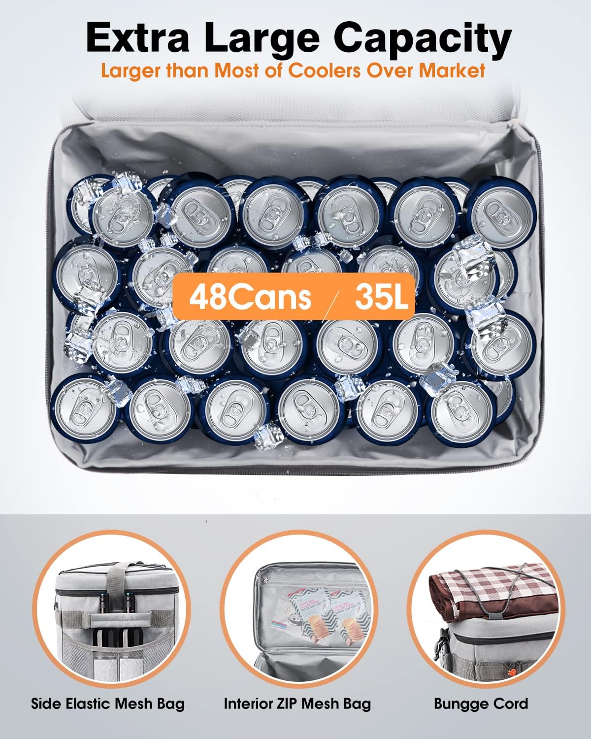Rockvale Insulated Leakproof Cooler Bag, 48 Can Soft Sided Lunch Cooler Bag, Portable Collapsible Camping Cooler, Lightweight Large Beach Cooler Bag with Pockets/Bungee Cord for Camping Picnic Hiking : Sports & Outdoors