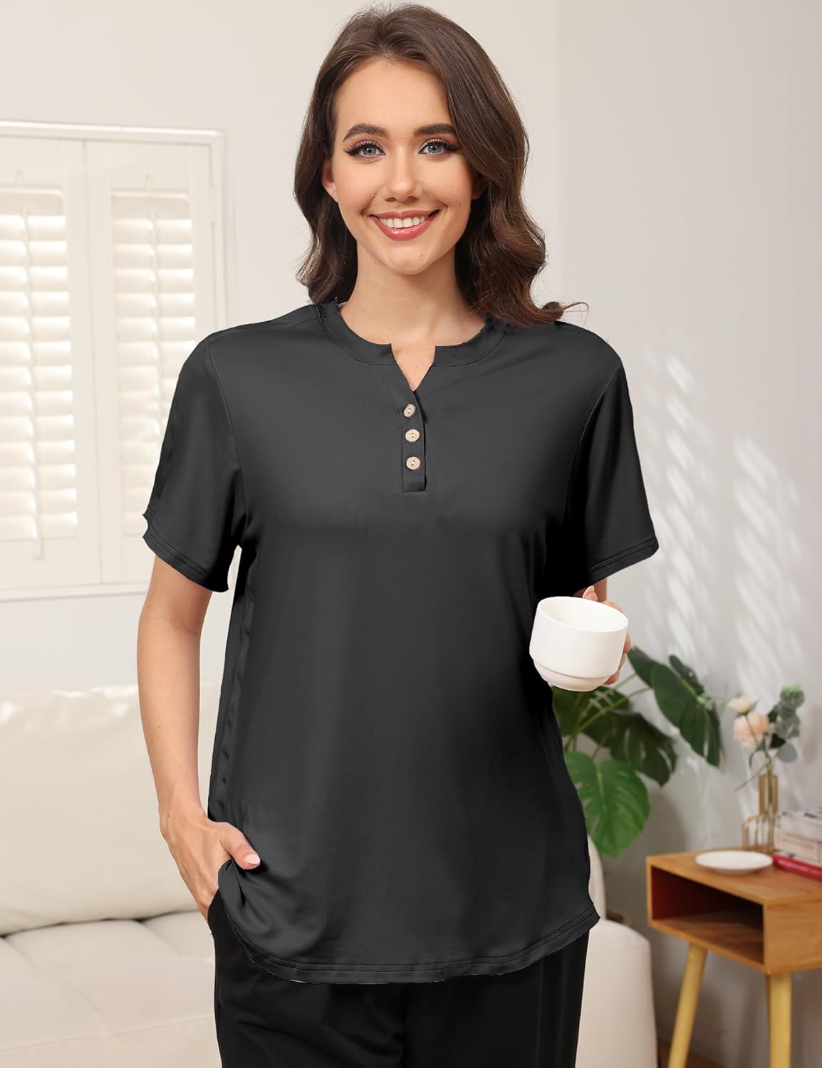 Wooden Button Post Shoulder Surgery Shirts for Women Tear Away Recovery Shirt with Full Side Snaps Adaptive Clothing - Image 2