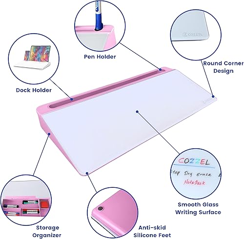Miniatura 2 de COZZEL NoteDesk Pizarra blanca de cristal con soporte para tableta y almacenamiento, elevador de teclado pequeño y tablero de notas para