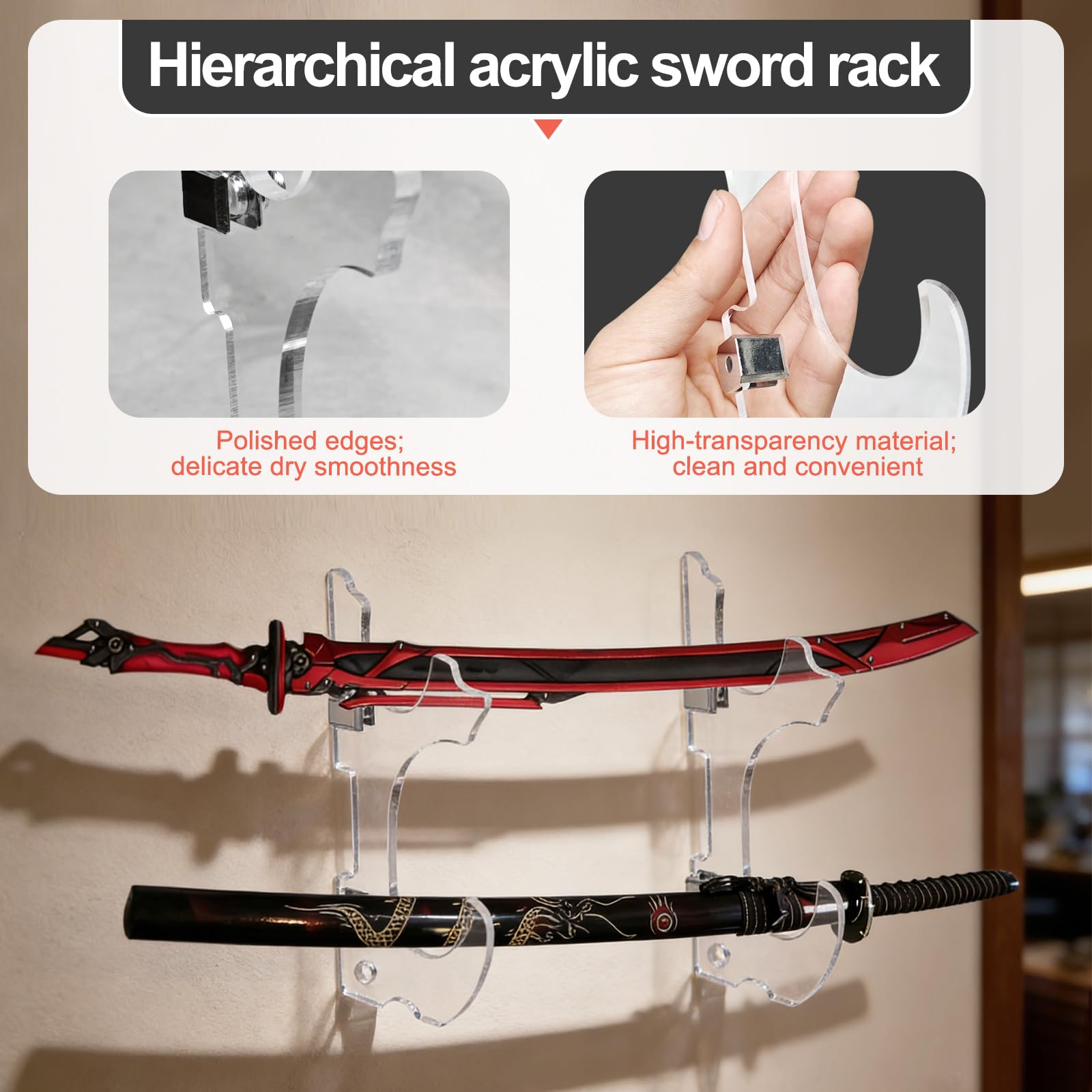 Soporte de Pared para Katana 2 Niveles, Soporte para Espadas de Acrílico Negro, Exhibidor Sable de Luz y Samurái, Estante de 2 Niveles de Almacenamiento para Wakizashi Tanto Cosplay Decoración