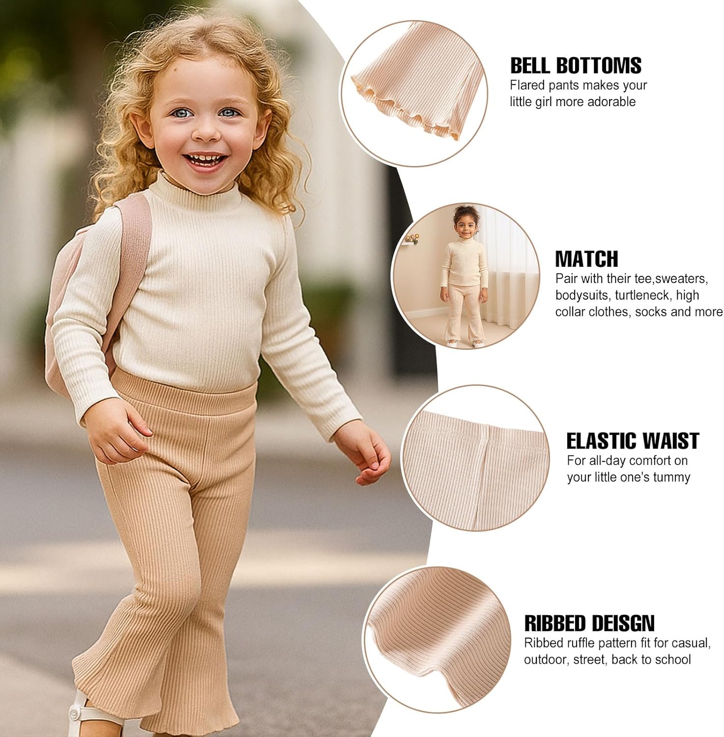 SOBOWO Girls Flare Leggings Pants Ribbed Kids Bell Bottoms 2 Pack Solid Color Ruffle Flared Casual Pants for Girls Size 3-11Y - Image 2