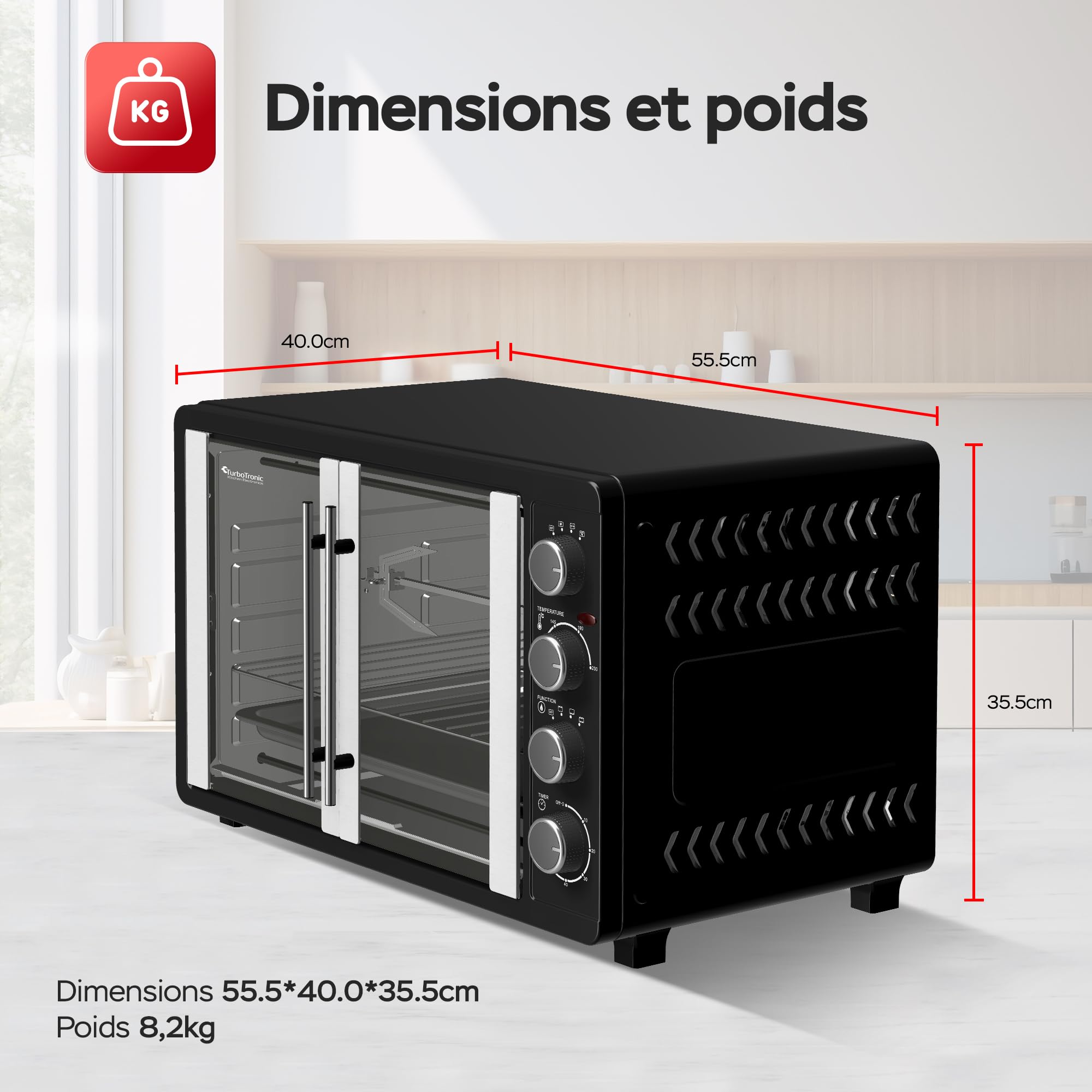 TurboTronic Mini four avec chaleur tournante, 45 l, noir, 2000 W, tournebroche, minuteur, mini four, four à pizza, plaque de cuisson, éclairage intérieur