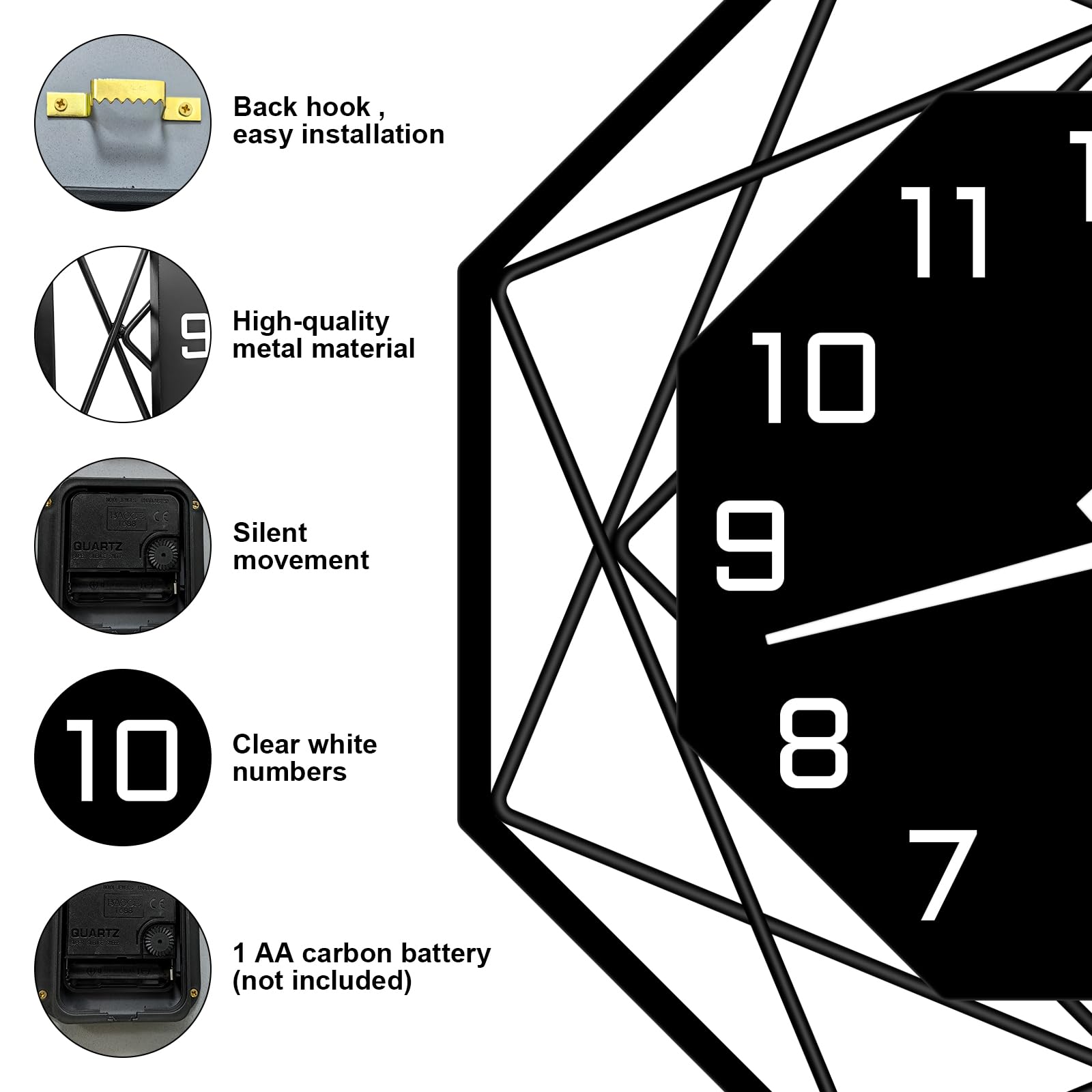 Metallo Orologio da Parete Moderno Silenzioso Movimento al Quarzo 0rologio da Muro per Soggiorno Camera da Letto Cucina Ufficio 30 cm (Nero Bianco)