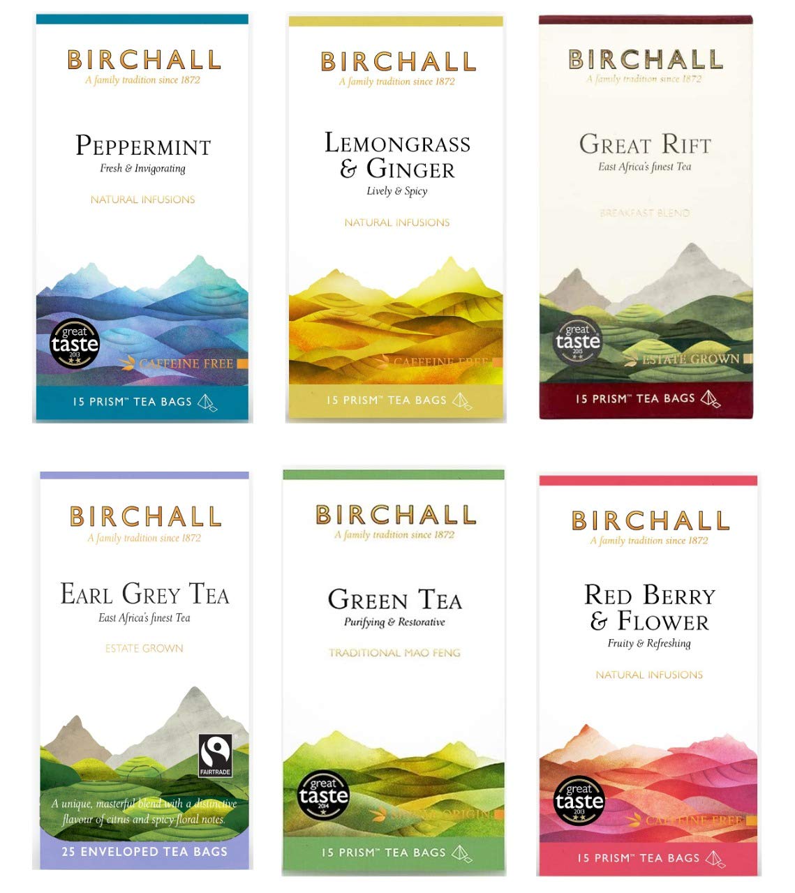Lot de 90 sachets de thé Birchall (6 saveurs – menthe poivrée, citronnelle et gingembre, grand fléau, Earl Grey, thé vert, baies rouges et fleurs) sans plastique