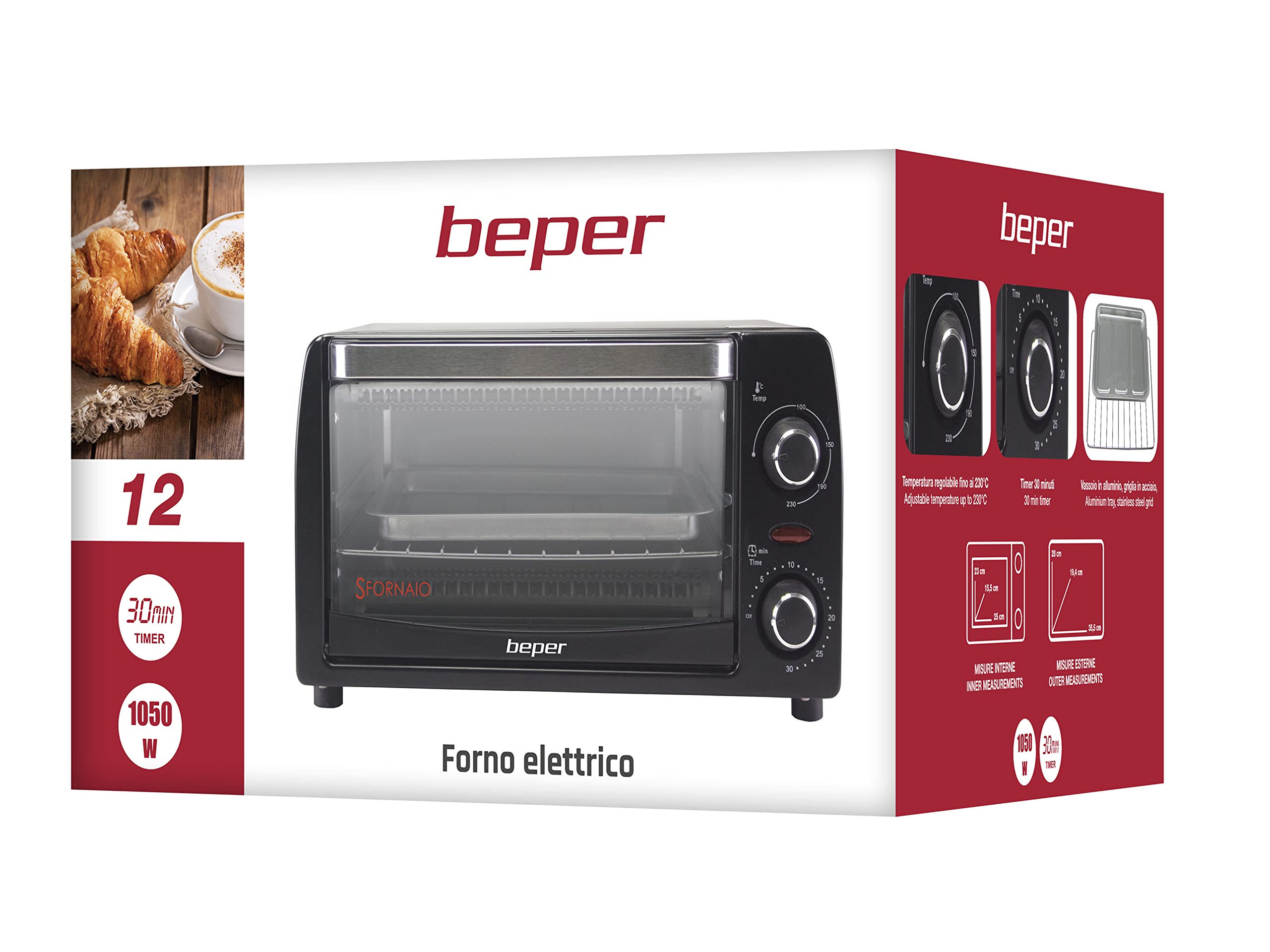 Beper Fornetto Elettrico 12L, Elementi Riscaldanti al Quarzo, Temperatura Regolabile 230°C, Nero
